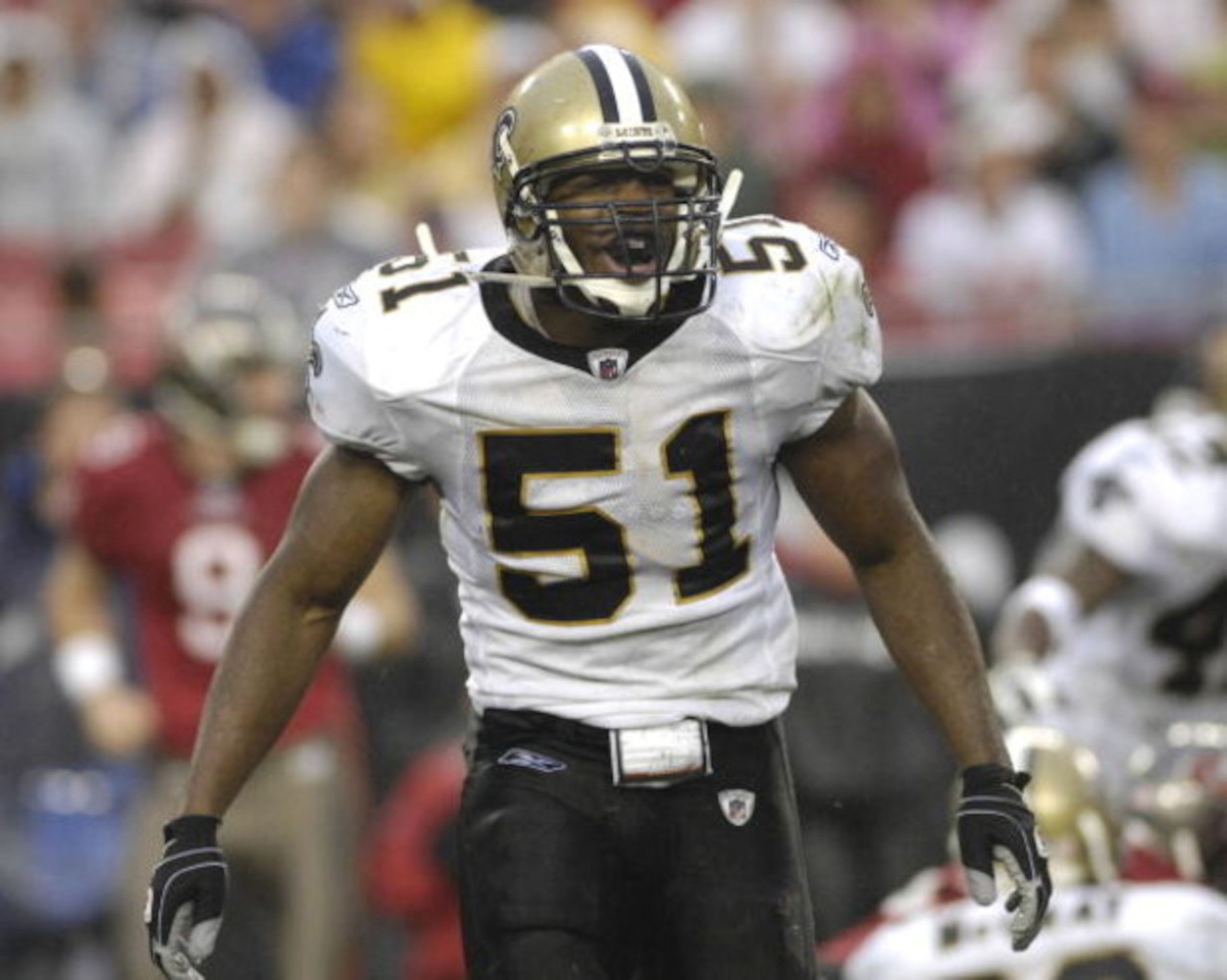 TAMPA, FL - NOVEMBER 30: Linebacker Jonathan Vilma #51 of the New Orleans Saints yells during play against the Tampa Bay Buccaneers at Raymond James Stadium on November 30, 2008 in Tampa, Florida.  (Photo by Al Messerschmidt/Getty Images) 