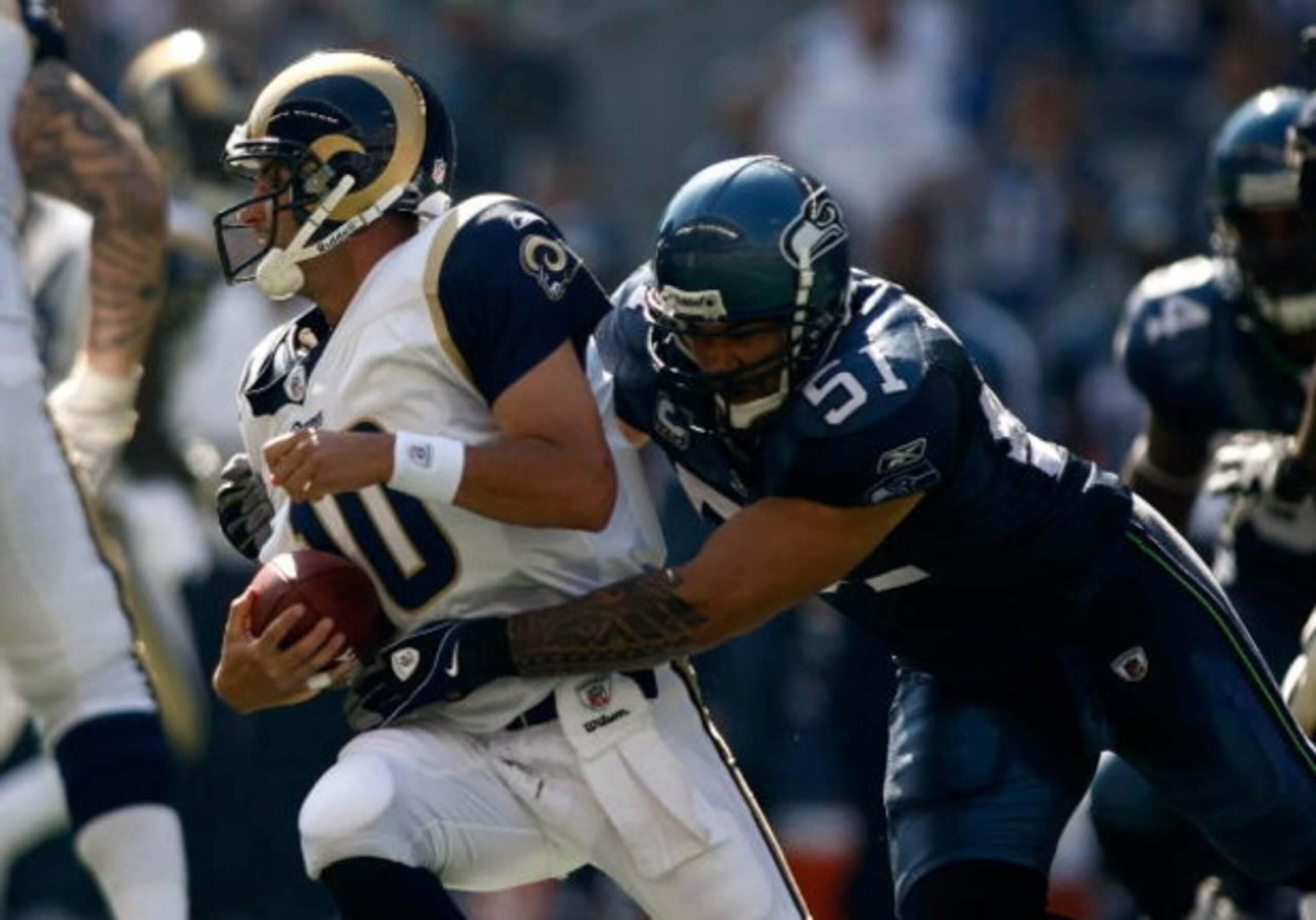 SEATTLE , WA - SEPTEMBER 13:  Lofa Tatupu #51 of the Seattle Seahawks sacks Marc Bugler #10 of the St. Louis Rams at Qwest Field on September 13, 2009 in Seattle, Washington.  (Photo by Jonathan Ferrey/Getty Images)