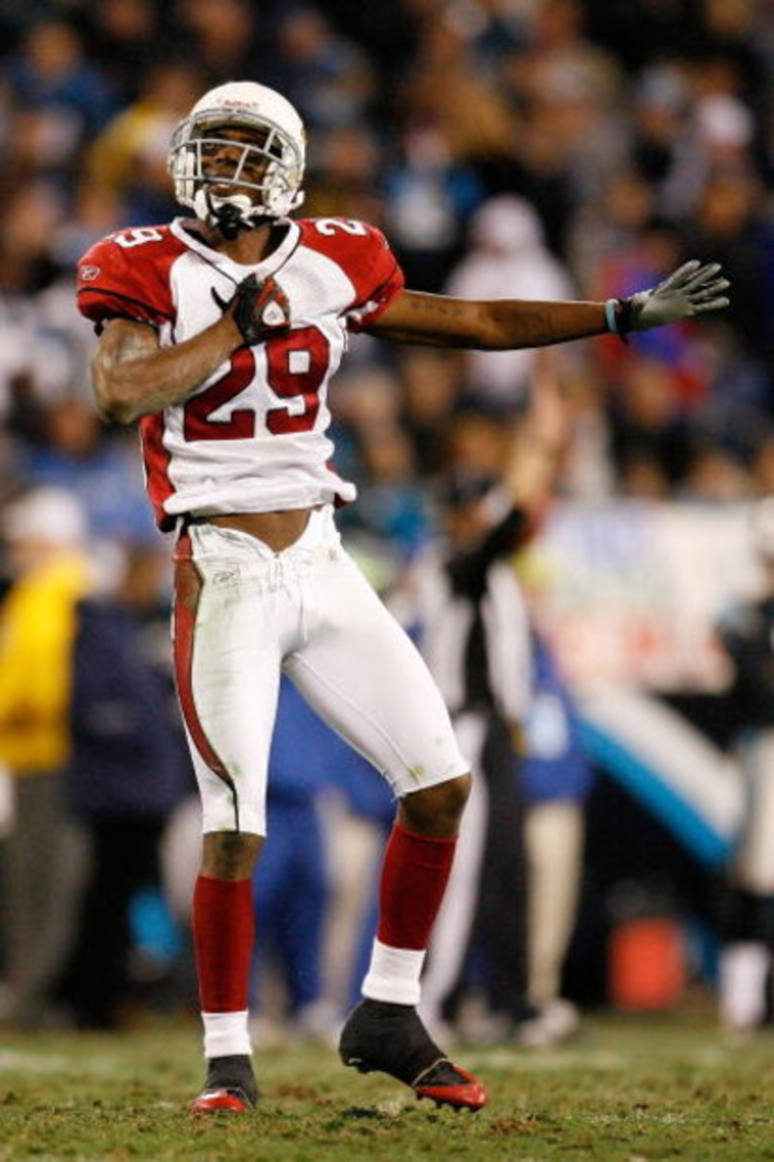 CHARLOTTE, NC - JANUARY 10:  Dominique Rodgers-Cromartie #29 of the Carolina Panthers reacts during the game against the Arizona Cardinals during the NFC Divisional Playoff Game on January 10, 2009 at Bank of America Stadium in Charlotte, North Carolina. 