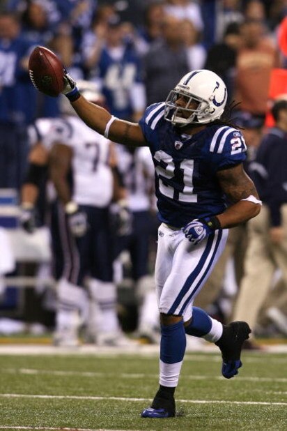 INDIANAPOLIS - NOVEMBER 02:  Bob Sanders #21 of the Indianapolis Colts celebrates after he intercepted  a pass in the fourth quarter against the New England Patriots at Lucas Oil Stadium on November 2, 2008 in Indianapolis, Indiana.  (Photo by Andy Lyons/