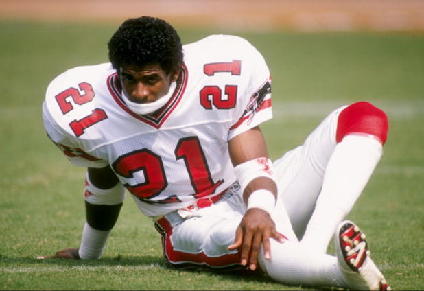 10 Sep 1989:  Defensive back Deion Sanders of the Atlanta Falcons looks on during a game against the Los Angeles Rams at Fulton County Stadium in Atlanta, Georgia.  The Rams won the game 31-21. Mandatory Credit: Allen Steele  /Allsport