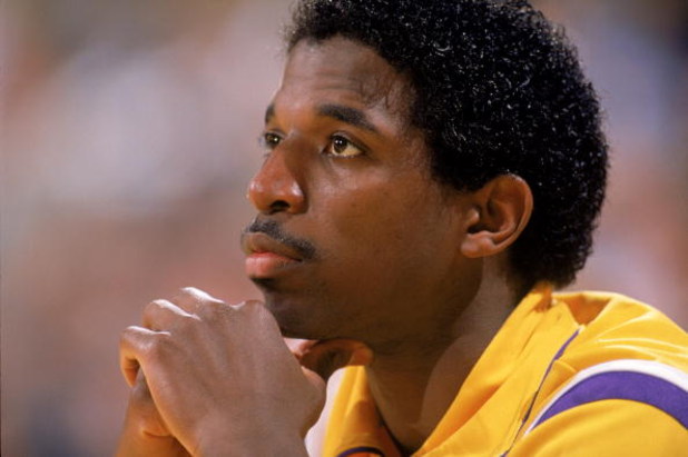 LOS ANGELES - 1988:  A.C. Green #45 of the Los Angeles Lakers sits on the bench during an NBA game at the Great Western Forum in Los Angeles, California in 1988. (Photo by: Mike Powell/Getty Images)
