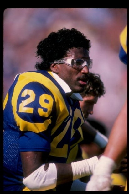 Running back Eric Dickerson of the Los Angeles Rams looks on during a game at Anaheim Stadium in Anaheim, California.