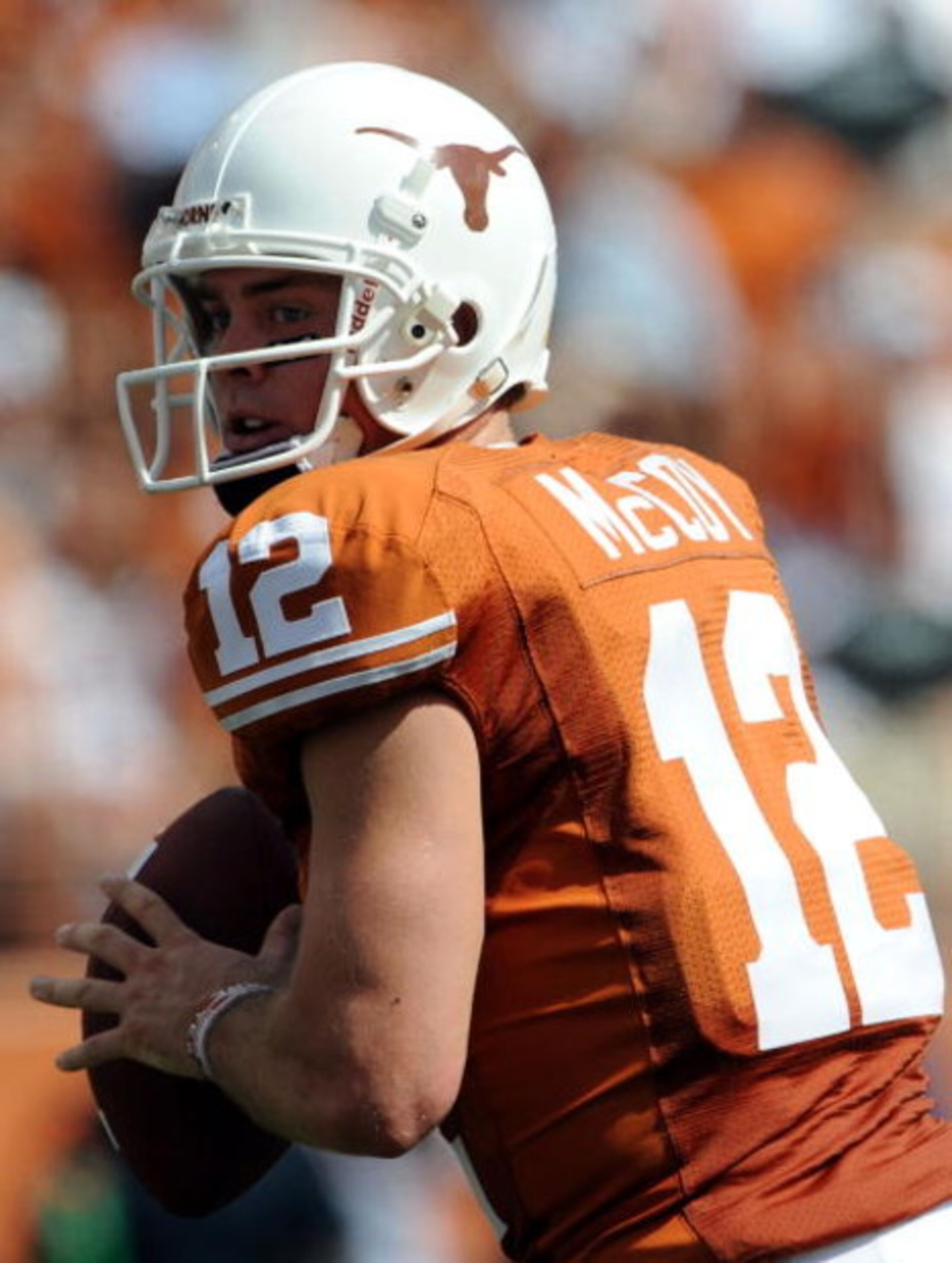 AUSTIN, TX - SEPTEMBER 26: Quarterback Colt McCoy #12 of the Texas Longhorns drops back to pass against the UTEP Miners at Darrell K Royal-Texas Memorial Stadium on September 26, 2009 in Austin, Texas. (Photo by Ronald Martinez/Getty Images) AUSTIN, TX - SEPTEMBER 26: Quarterback Colt McCoy #12 of the Texas Longhorns drops back to pass against the UTEP Miners at Darrell K Royal-Texas Memorial Stadium on September 26, 2009 in Austin, Texas. (Photo by Ronald Martinez/Getty Images)