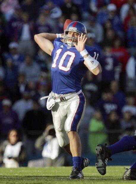 LAWRENCE, KS - NOVEMBER 18: Quaterback Kerry Meier #10 of the Kansas Jayhawks passes the ball during the game against the Kansas State Wildcats at Memorial Stadium on November 18, 2006 in Lawrence, Kansas. The Kansas Jayhawks won 39-20. (Photo by Brian Ba