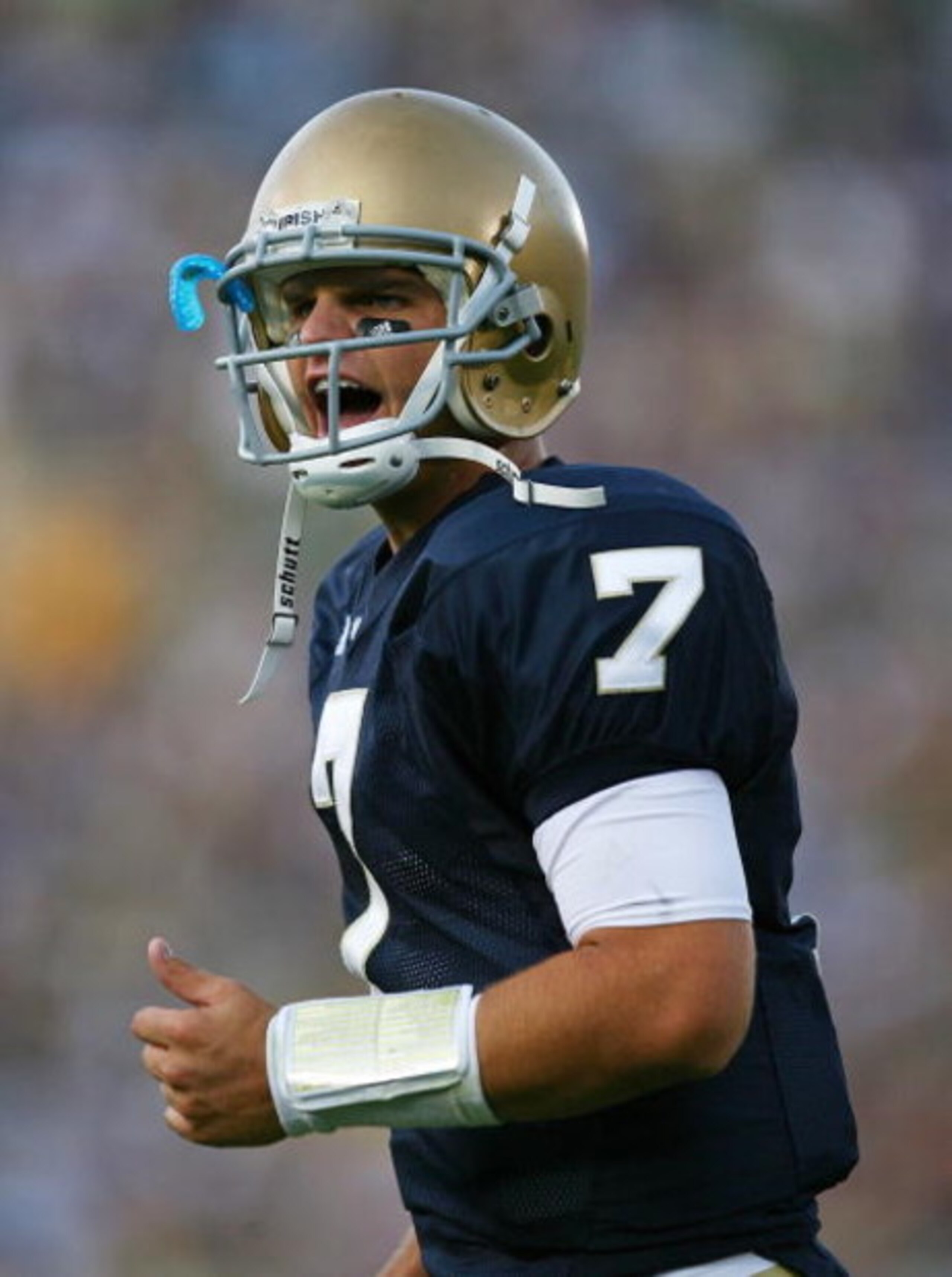 SOUTH BEND, IN - SEPTEMBER 19: Jimmy Clausen #7 of the Notre Dame Fighting Irish celebrates a touchdown pass against the Michigan State Spartans on September 19, 2009 at Notre Dame Stadium in South Bend, Indiana. Notre Dame defeated Michigan State 33-30. SOUTH BEND, IN - SEPTEMBER 19: Jimmy Clausen #7 of the Notre Dame Fighting Irish celebrates a touchdown pass against the Michigan State Spartans on September 19, 2009 at Notre Dame Stadium in South Bend, Indiana. Notre Dame defeated Michigan State 33-30.