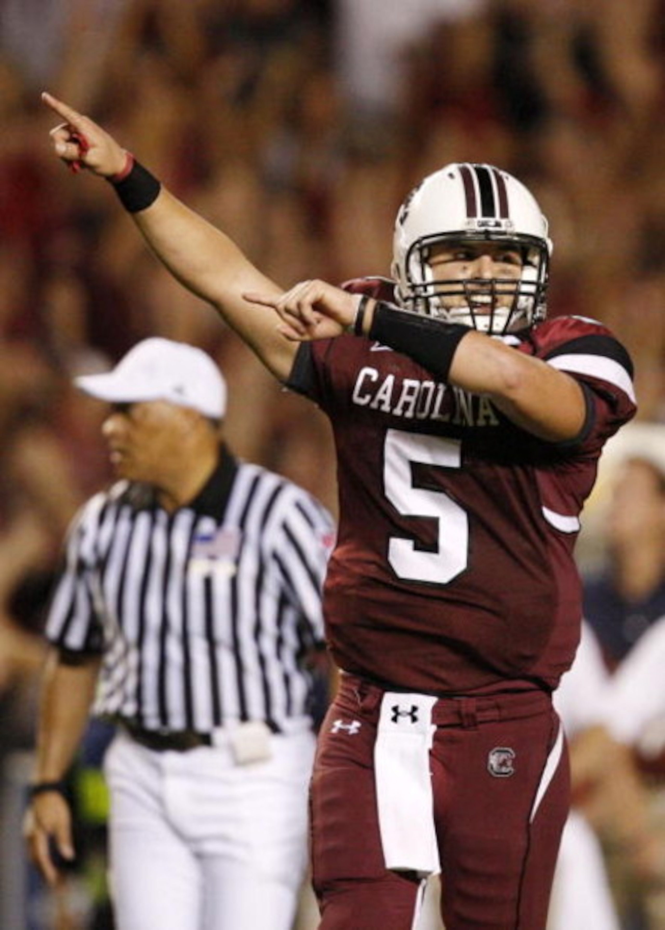 COLUMBIA, SC - SEPTEMBER 24: Quarterback Stephen Garcia #5 of the South Carolina Gamecocks celebrates after throwing a touchdown pass in the third quarter of their game against the Mississippi Rebels at Williams-Brice Stadium on September 24, 2009 in Col COLUMBIA, SC - SEPTEMBER 24: Quarterback Stephen Garcia #5 of the South Carolina Gamecocks celebrates after throwing a touchdown pass in the third quarter of their game against the Mississippi Rebels at Williams-Brice Stadium on September 24, 2009 in Col