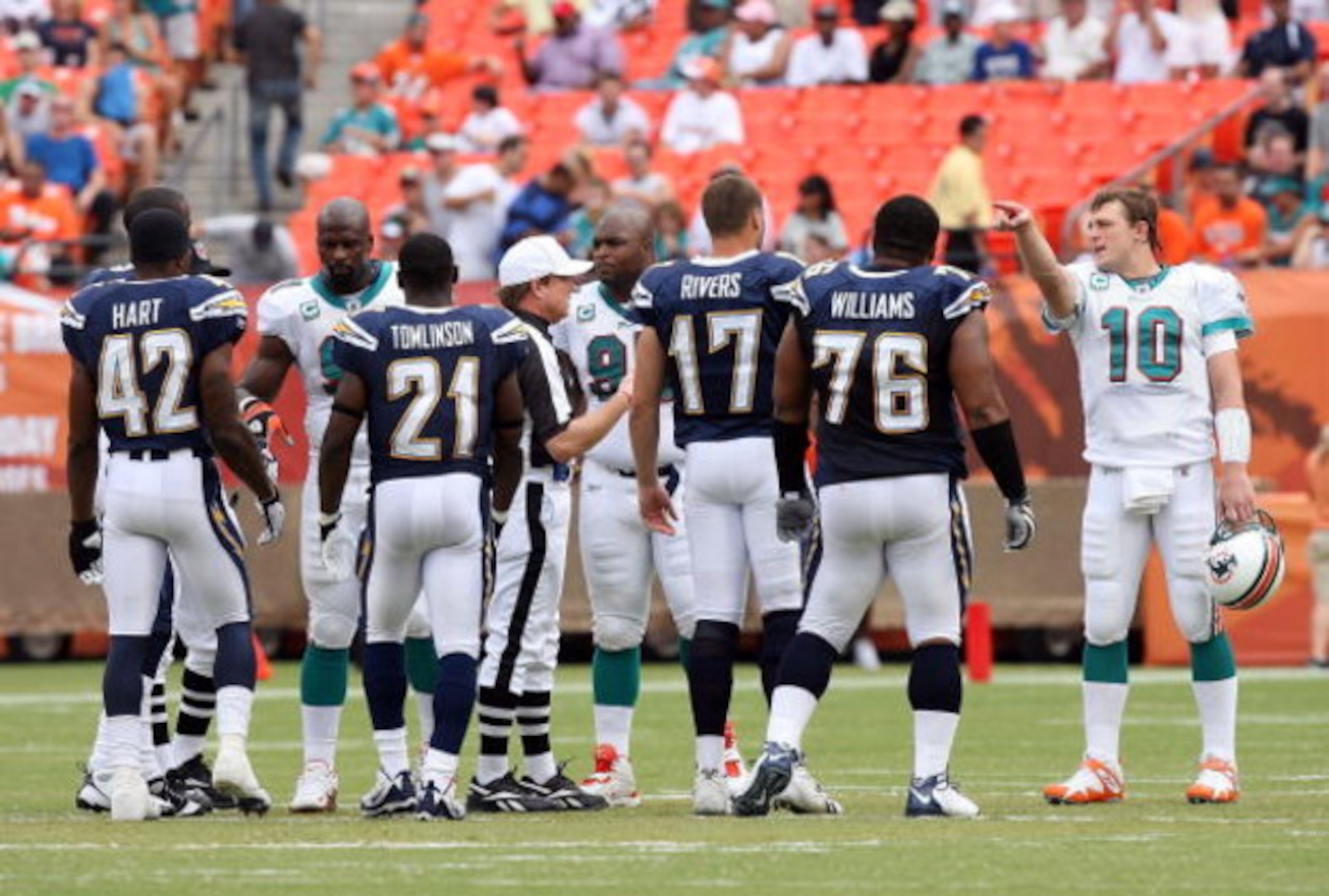 MIAMI - OCTOBER 05:  Captains of the Miami Dolphins meet on the field with captains from the San Diego Chargers before the game at Dolphin Stadium on October 5, 2008 in Miami, Florida. The Dolphins defeated the Chargers 17-10.  (Photo by Doug Benc/Getty I