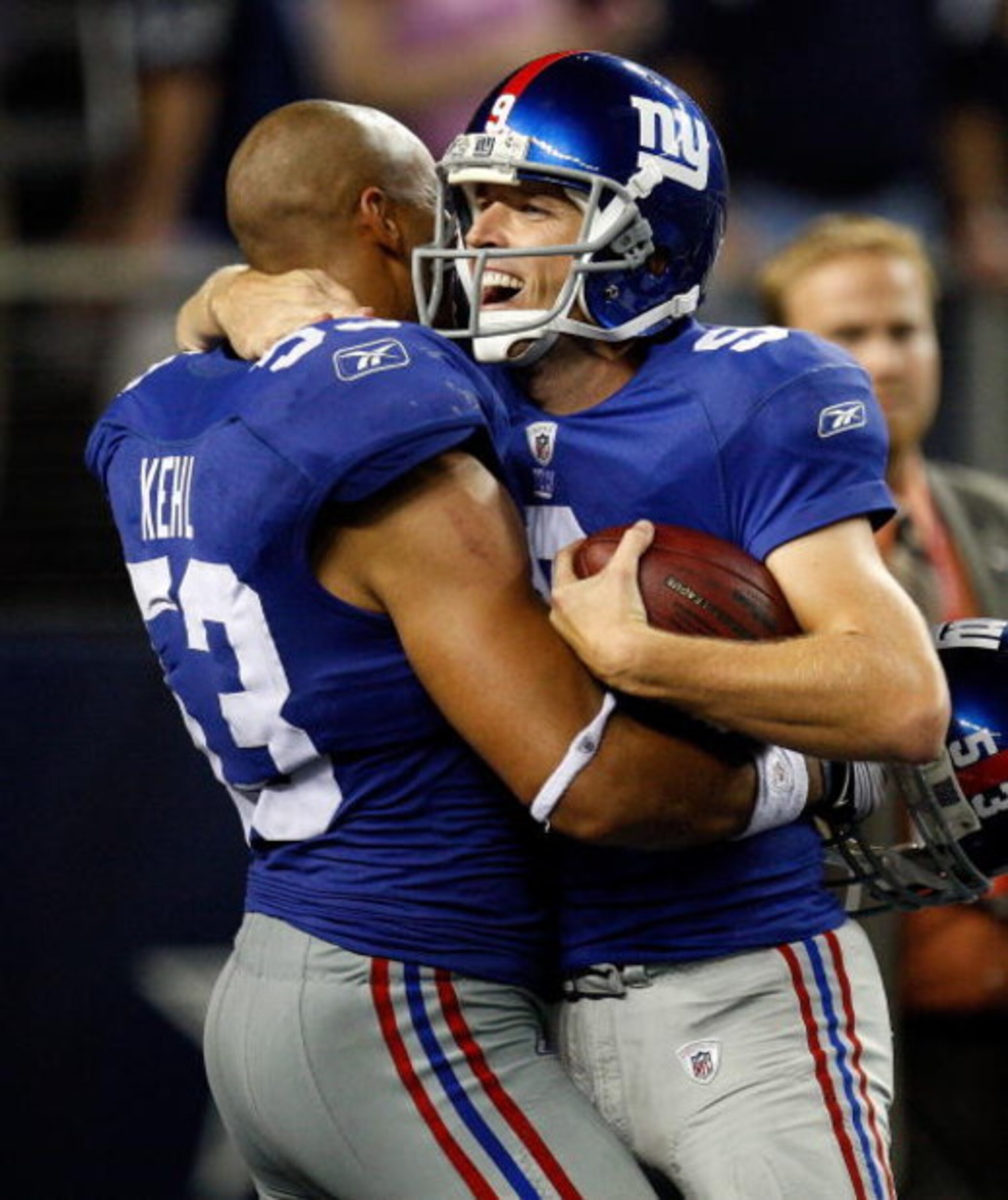 ARLINGTON, TX - SEPTEMBER 20: Kicker Lawrence Tynes #9 and Bryan Kehl #53 of the New York Giants at Cowboys Stadium on September 20, 2009 in Arlington, Texas. (Photo by Ronald Martinez/Getty Images) ARLINGTON, TX - SEPTEMBER 20: Kicker Lawrence Tynes #9 and Bryan Kehl #53 of the New York Giants at Cowboys Stadium on September 20, 2009 in Arlington, Texas. (Photo by Ronald Martinez/Getty Images)
