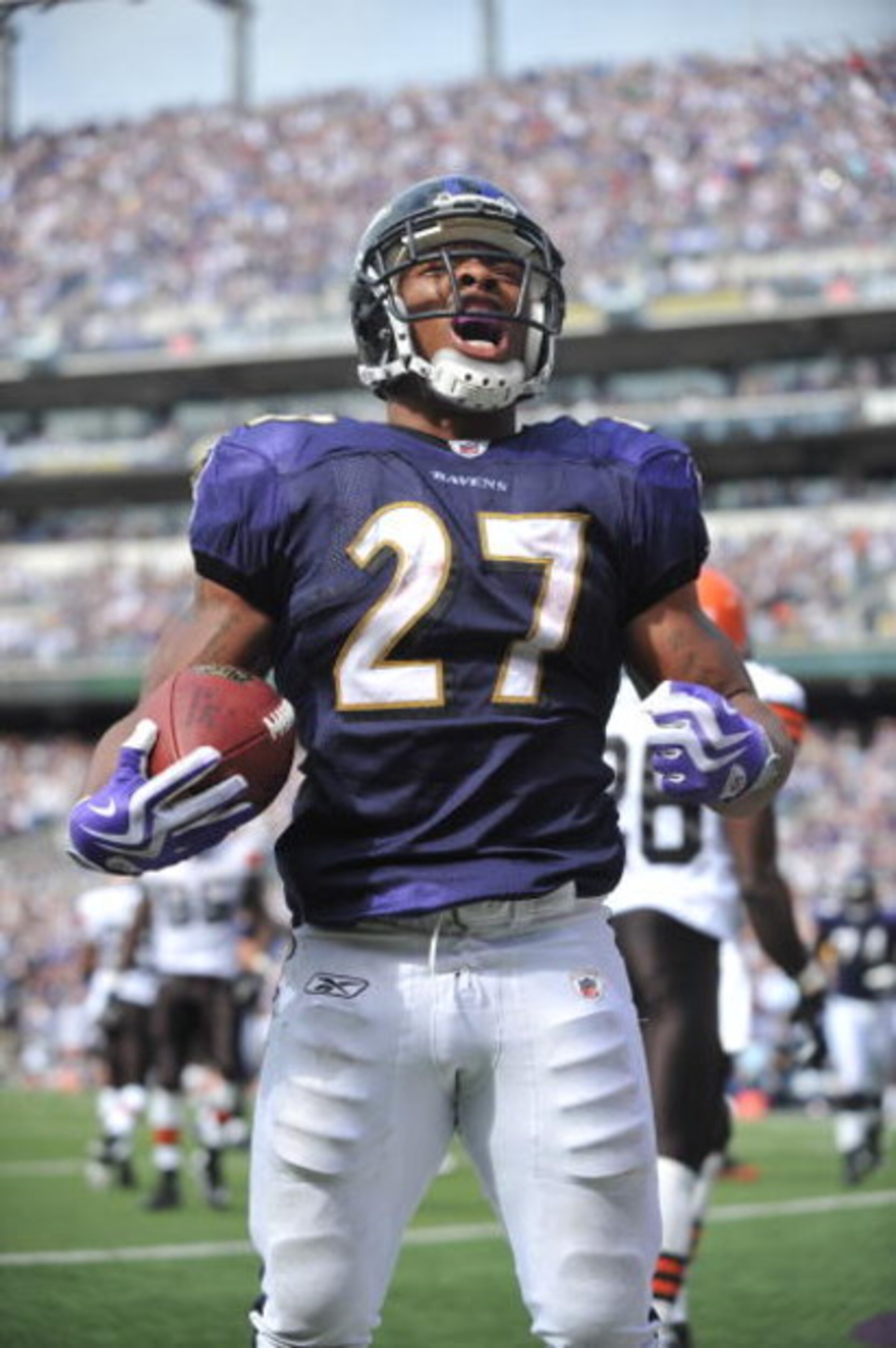 BALTIMORE - SEPTEMBER 27: Ray Rice #27 of the Baltimore Ravens celebrates his first career touchdown against the Cleveland Browns at M&T Bank Stadium on September 27, 2009 in Baltimore, Maryland. The Ravens defeated the Browns 34-3. (Photo by Larry Frenc BALTIMORE - SEPTEMBER 27: Ray Rice #27 of the Baltimore Ravens celebrates his first career touchdown against the Cleveland Browns at M&T Bank Stadium on September 27, 2009 in Baltimore, Maryland. The Ravens defeated the Browns 34-3. (Photo by Larry Frenc