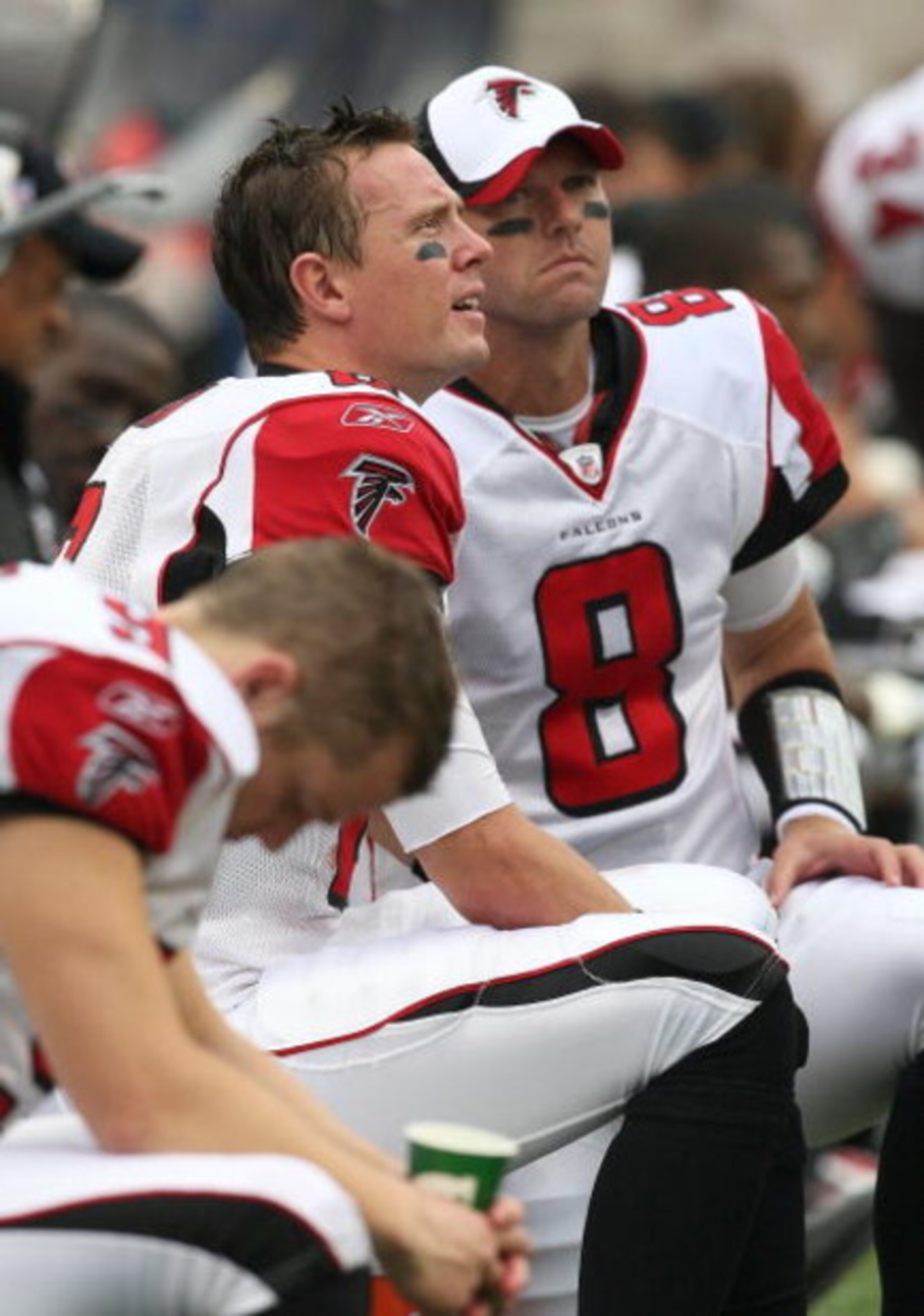 FOXBORO, MA - SEPTEMBER 27: Matt Ryan #2 and teammate Chris Redman #8 of the Atlanta Falcons watch fourth-quarter action from the sidelnes against the New England Patriots at Gillette Stadium on September 27, 2009 in Foxboro, Massachusetts. The Patriots FOXBORO, MA - SEPTEMBER 27: Matt Ryan #2 and teammate Chris Redman #8 of the Atlanta Falcons watch fourth-quarter action from the sidelnes against the New England Patriots at Gillette Stadium on September 27, 2009 in Foxboro, Massachusetts. The Patriots
