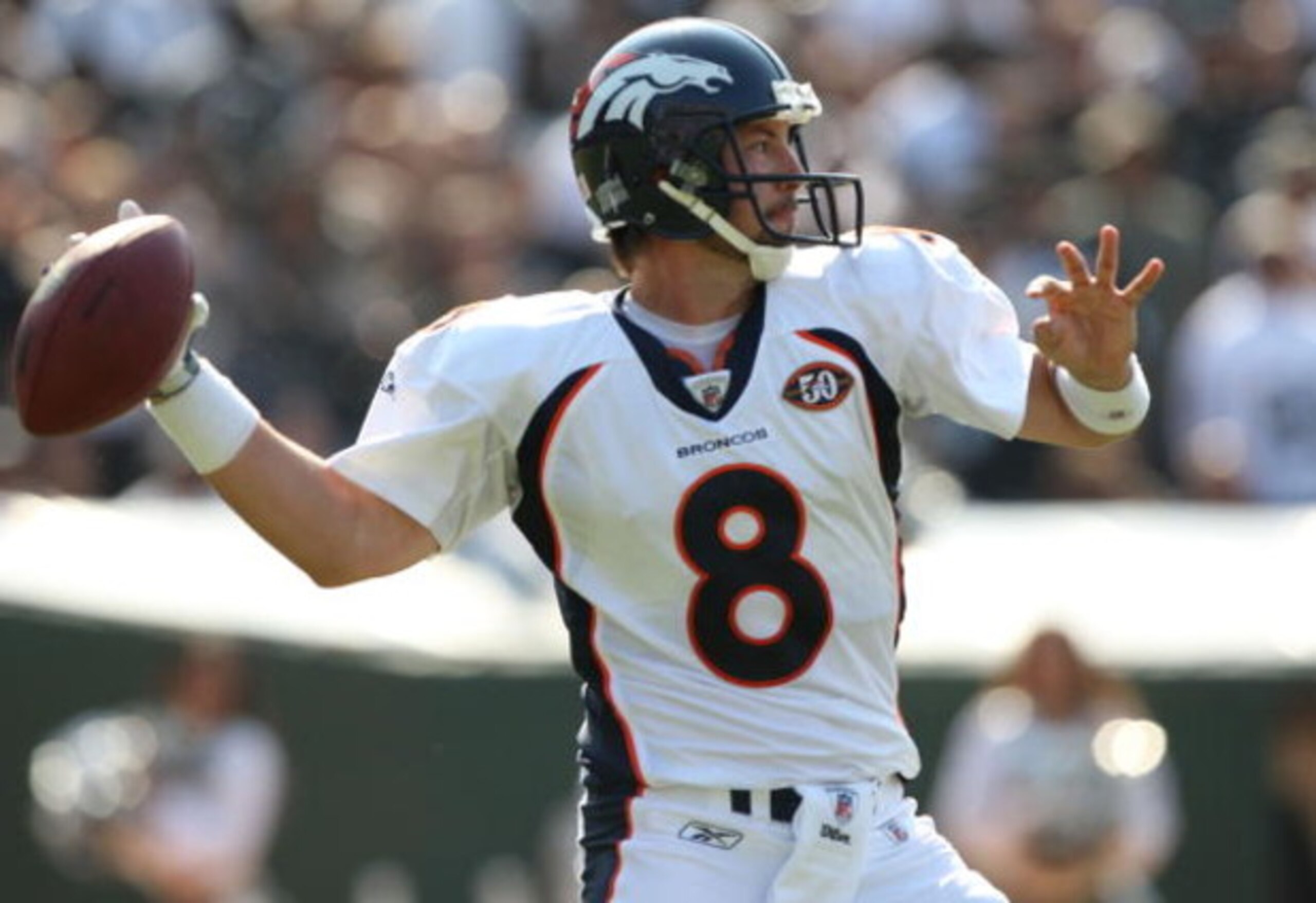 OAKLAND, CA - SEPTEMBER 27: Kyle Orton #8 of the Denver Broncos passes against the Oakland Raiders on September 27, 2009 during an NFL game at the Oakland-Alameda County Coliseum in Oakland, California. (Photo by Jed Jacobsohn/Getty Images) OAKLAND, CA - SEPTEMBER 27: Kyle Orton #8 of the Denver Broncos passes against the Oakland Raiders on September 27, 2009 during an NFL game at the Oakland-Alameda County Coliseum in Oakland, California. (Photo by Jed Jacobsohn/Getty Images)