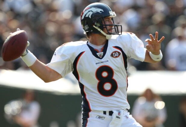 OAKLAND, CA - SEPTEMBER 27:  Kyle Orton #8 of the Denver Broncos passes against the Oakland Raiders on September 27, 2009 during an NFL game at the Oakland-Alameda County Coliseum in Oakland, California.  (Photo by Jed Jacobsohn/Getty Images)