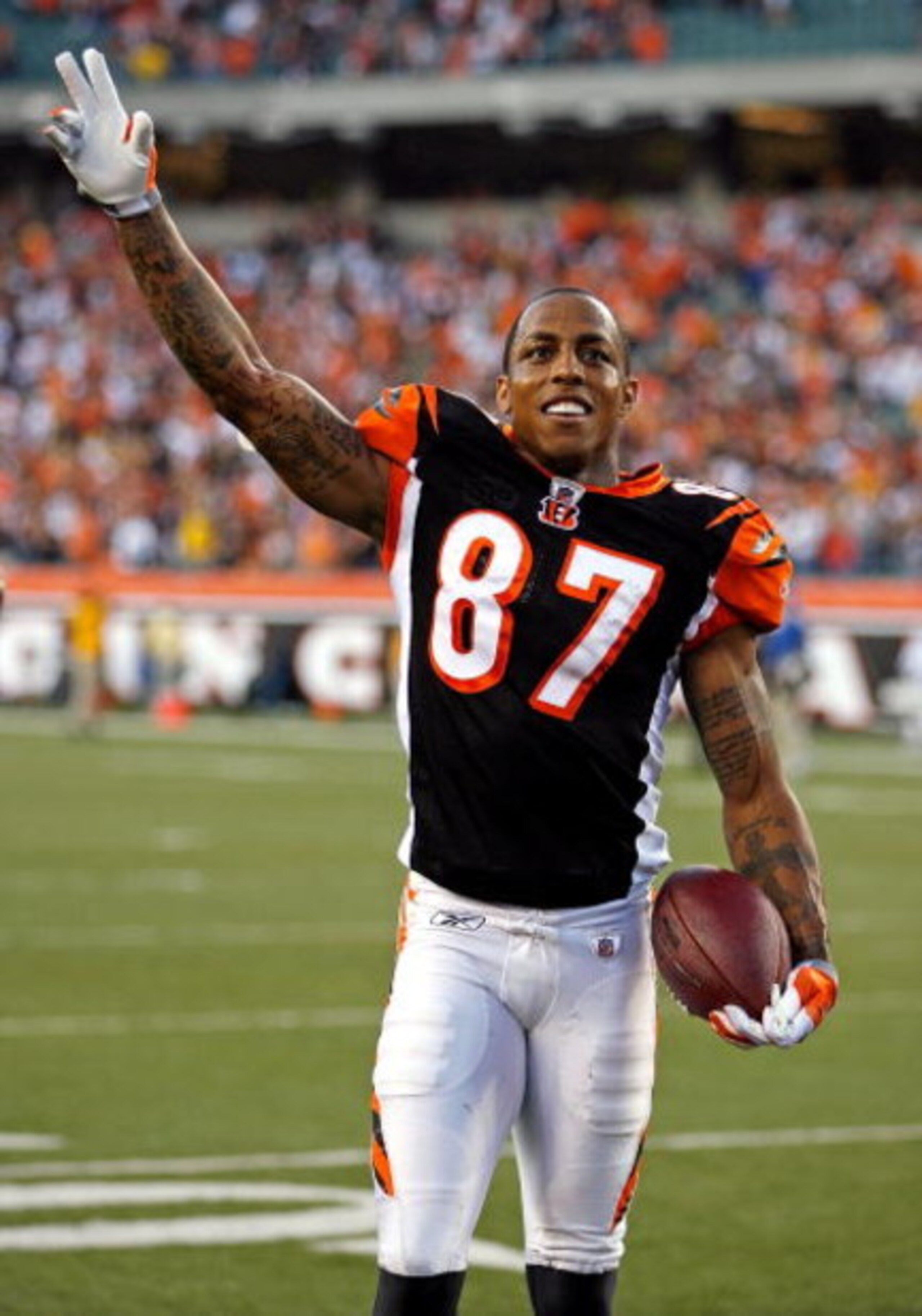 CINCINNATI - SEPTEMBER 27: Andre Caldwell #87 of the Cincinnati Bengals celebrates following the game against the Pittsburgh Steelers at Paul Brown Stadium on September 27, 2009 in Cincinnati, Ohio. Caldwell caught the game winning catch in the 23-20 Ben CINCINNATI - SEPTEMBER 27: Andre Caldwell #87 of the Cincinnati Bengals celebrates following the game against the Pittsburgh Steelers at Paul Brown Stadium on September 27, 2009 in Cincinnati, Ohio. Caldwell caught the game winning catch in the 23-20 Ben