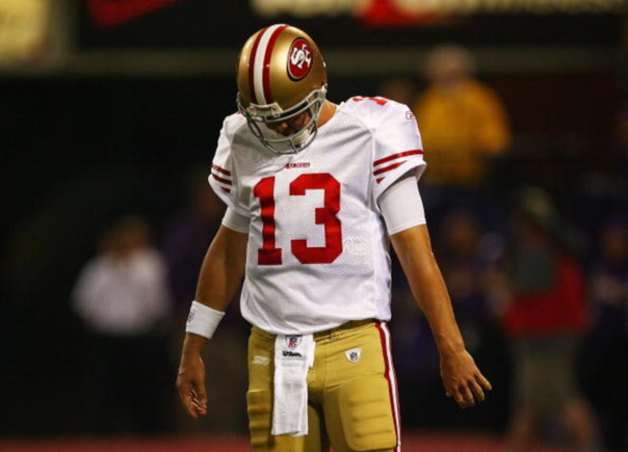 MINNEAPOLIS - SEPTEMBER 27: Shaun Hill #13 of the San Francisco 49ers reacts after loosing the ball to the Minnesota Vikings in the 1st quarter at the Hubert H. Humphrey Metrodome on September 27, 2009 in Minneapolis, Minnesota. The Vikings defeated the 4 MINNEAPOLIS - SEPTEMBER 27: Shaun Hill #13 of the San Francisco 49ers reacts after loosing the ball to the Minnesota Vikings in the 1st quarter at the Hubert H. Humphrey Metrodome on September 27, 2009 in Minneapolis, Minnesota. The Vikings defeated the 4