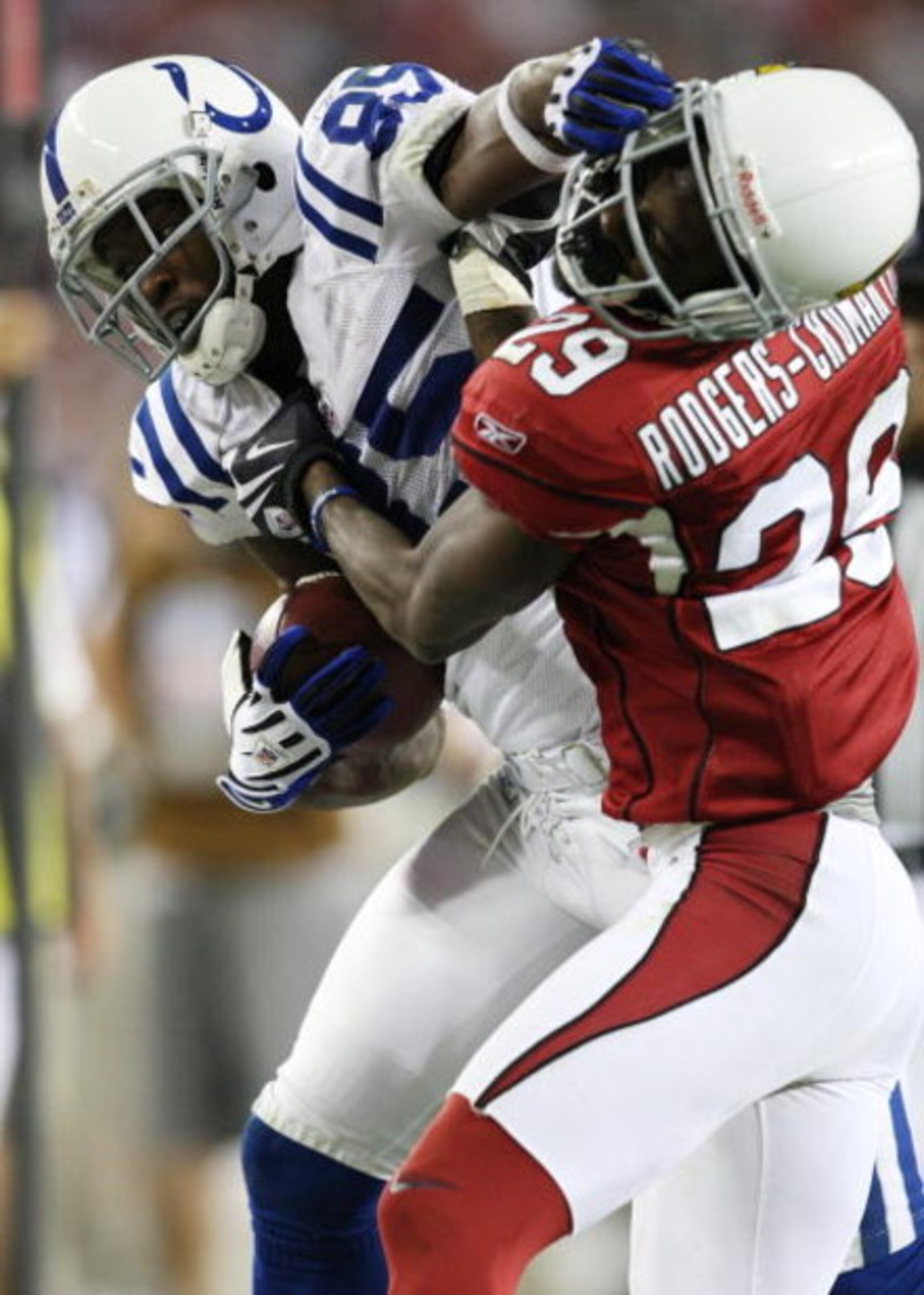GLENDALE, AZ - SEPTEMBER 27: Pierre Garcon #85 of the Indianapolis Colts runs after a catch in the fourth quarter as he battles for more yards against Dominique Rodgers-Cromartie #29 of the Arizona Cardinals during the game at University of Phoenix Stadi GLENDALE, AZ - SEPTEMBER 27: Pierre Garcon #85 of the Indianapolis Colts runs after a catch in the fourth quarter as he battles for more yards against Dominique Rodgers-Cromartie #29 of the Arizona Cardinals during the game at University of Phoenix Stadi