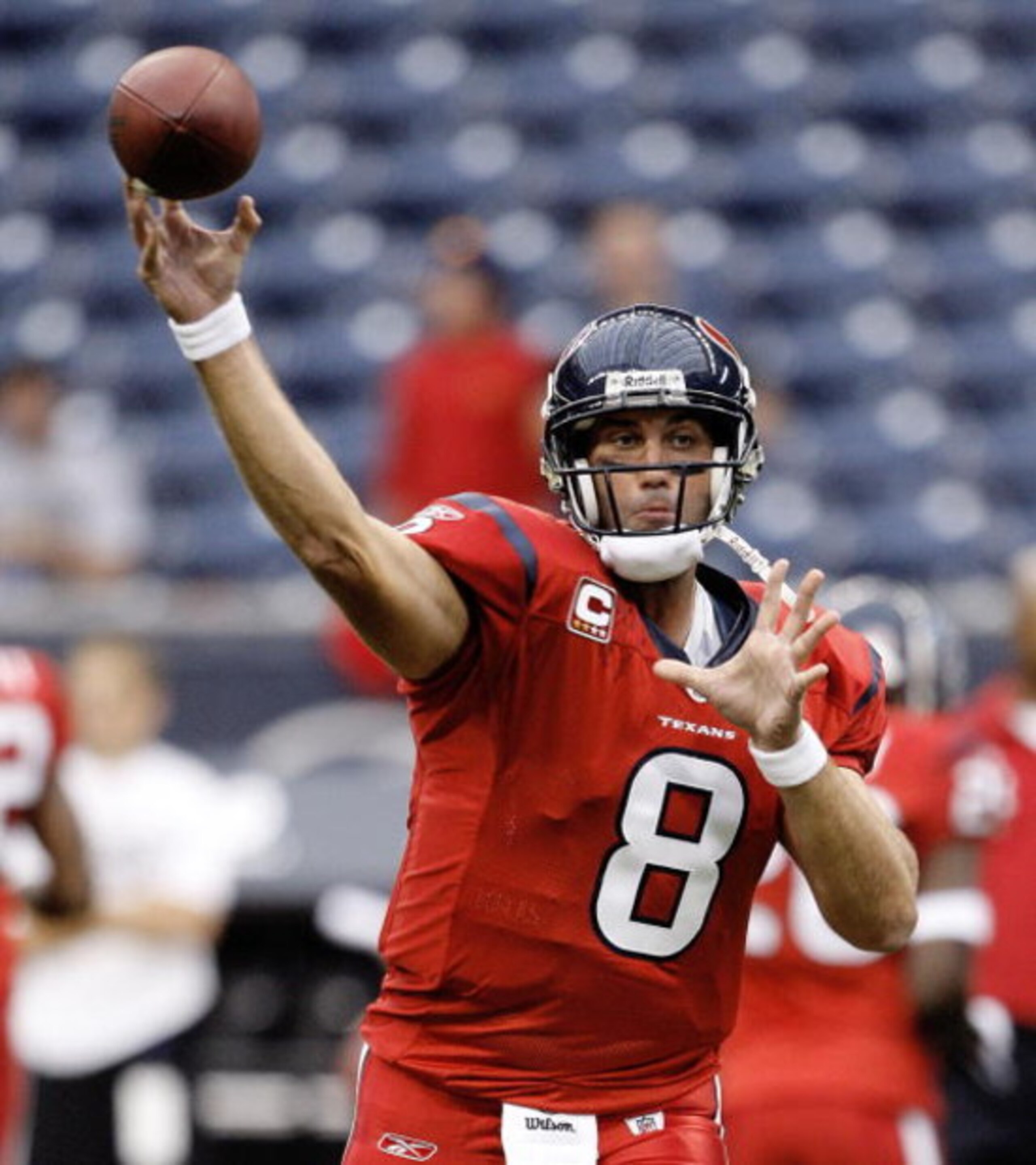 HOUSTON - SEPTEMBER 27: Quarterback Matt Schaub #8 of the Houston Texans throws during warm-ups before the game against the Jacksonville Jaguars at Reliant Stadium on September 27, 2009 in Houston, Texas. (Photo by Bob Levey/Getty Images) HOUSTON - SEPTEMBER 27: Quarterback Matt Schaub #8 of the Houston Texans throws during warm-ups before the game against the Jacksonville Jaguars at Reliant Stadium on September 27, 2009 in Houston, Texas. (Photo by Bob Levey/Getty Images)