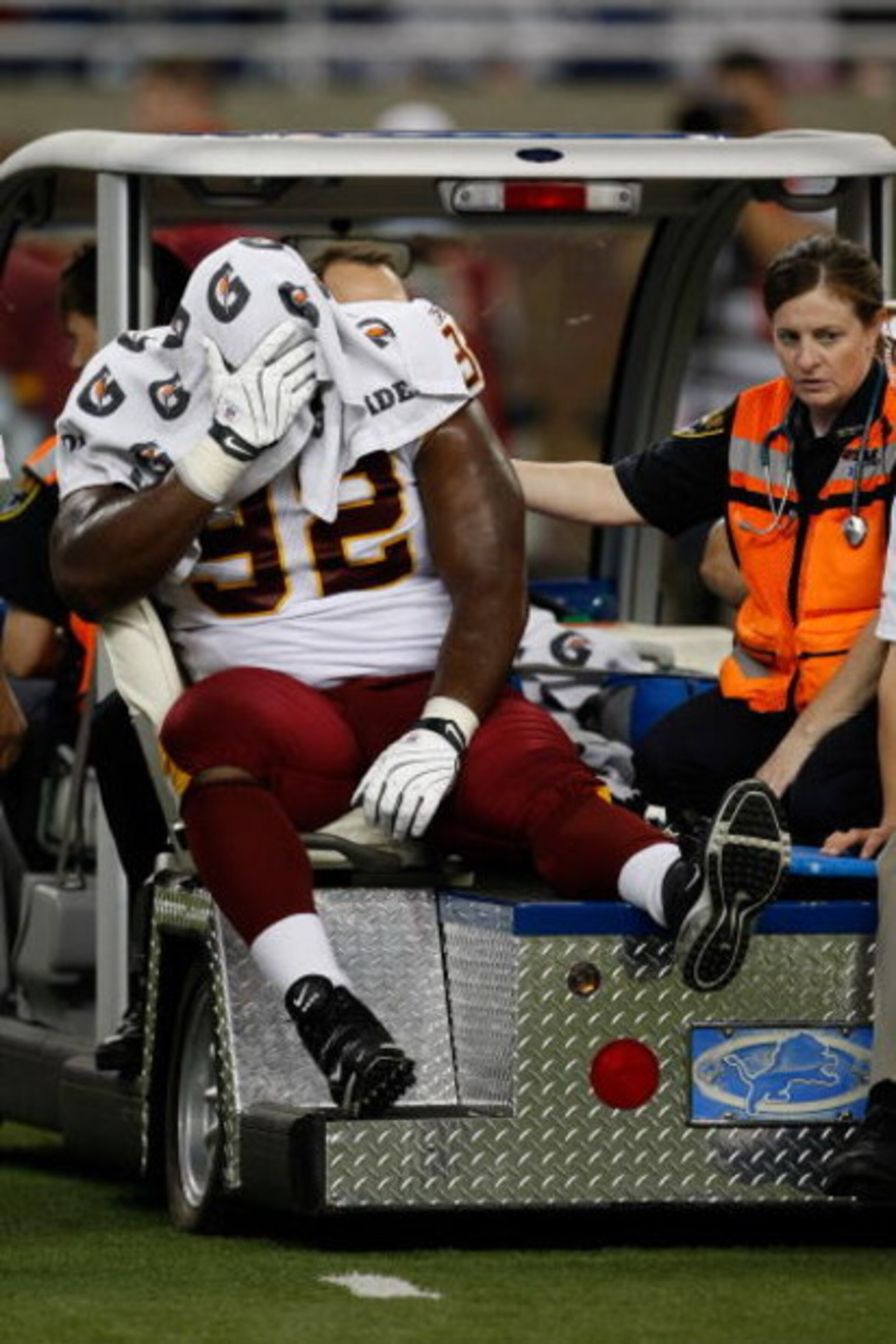DETROIT, MI - SEPTEMBER 27: Defensive tackle Albert Haynesworth #92 of the Washington Redskins sits on a cart as he is taken off the field after an injury in the first half against the Detroit Lions at Ford Field on September 27, 2009 in Detroit, Michigan DETROIT, MI - SEPTEMBER 27: Defensive tackle Albert Haynesworth #92 of the Washington Redskins sits on a cart as he is taken off the field after an injury in the first half against the Detroit Lions at Ford Field on September 27, 2009 in Detroit, Michigan