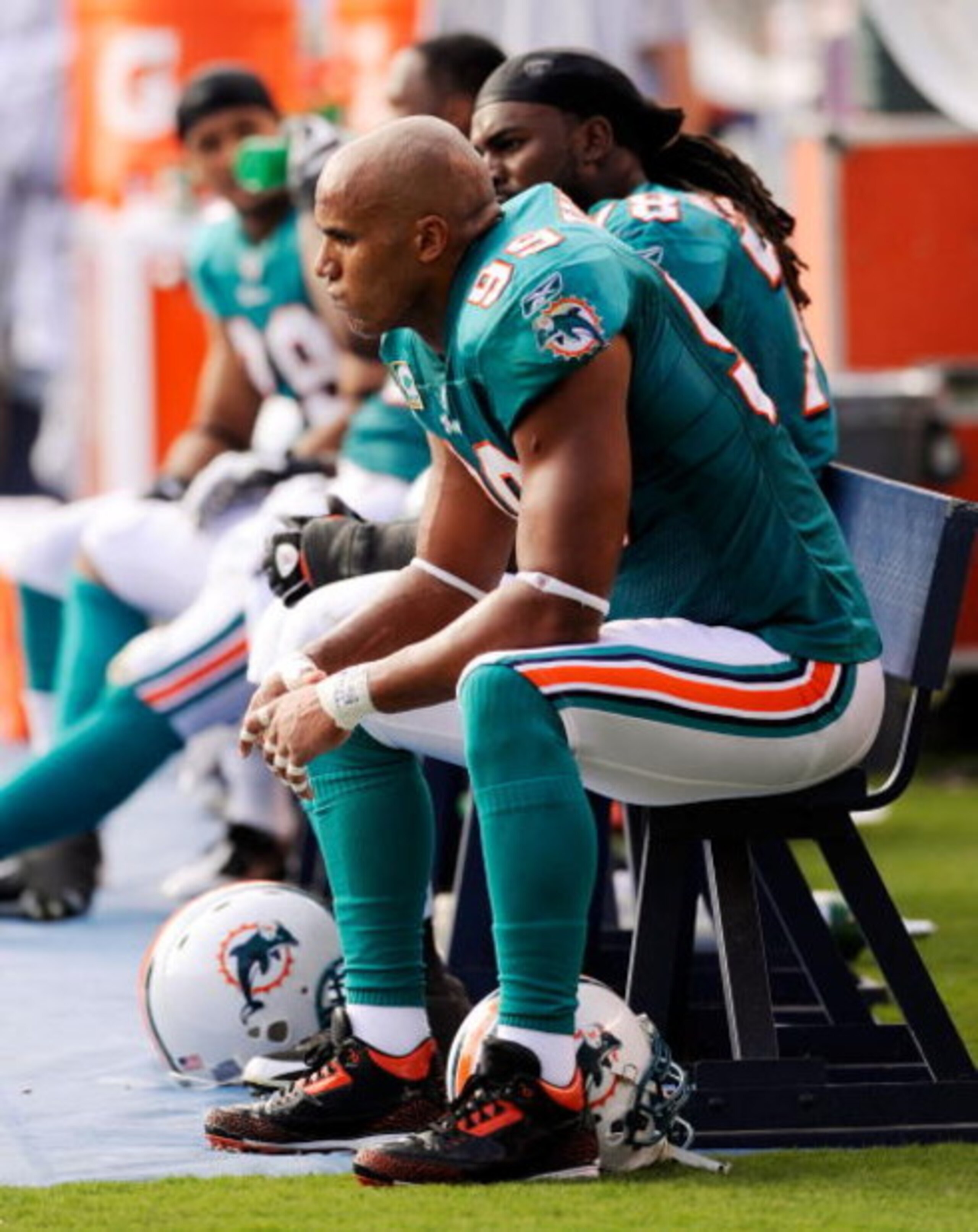 SAN DIEGO - SEPTEMBER 27: Linebacker Jason Taylor #99 of the Miami Dolphins reacts on the sideline during their loss to San Diego Chargers, 23-13, during the NFL football game at Qualcomm Stadium on September 27, 2009 in San Diego, California. (Photo b SAN DIEGO - SEPTEMBER 27: Linebacker Jason Taylor #99 of the Miami Dolphins reacts on the sideline during their loss to San Diego Chargers, 23-13, during the NFL football game at Qualcomm Stadium on September 27, 2009 in San Diego, California. (Photo b