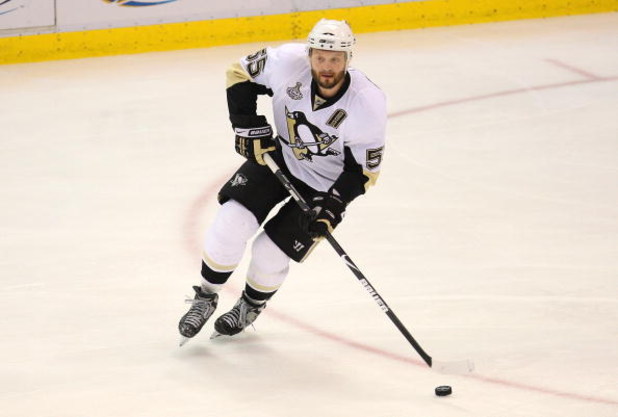DETROIT - JUNE 06:  Sergei Gonchar #55 of the Pittsburgh Penguins against the Detroit Red Wings during Game Five of the 2009 NHL Stanley Cup Finals at Joe Louis Arena on June 6, 2009 in Detroit, Michigan.  (Photo by Claus Andersen/Getty Images)