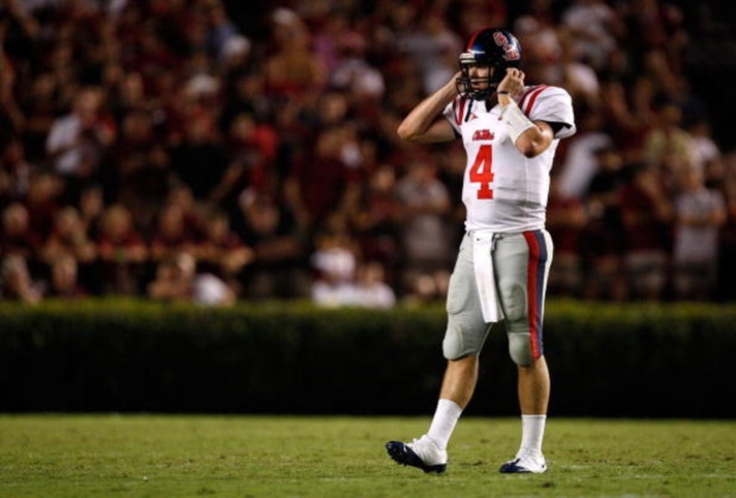 COLUMBIA, SC - SEPTEMBER 24:  Jevan Snead #4 of the Ole Miss Rebels walks off the field against the South Carolina Gamecocks during their game at Williams-Brice Stadium on September 24, 2009 in Columbia, South Carolina.  (Photo by Streeter Lecka/Getty Ima