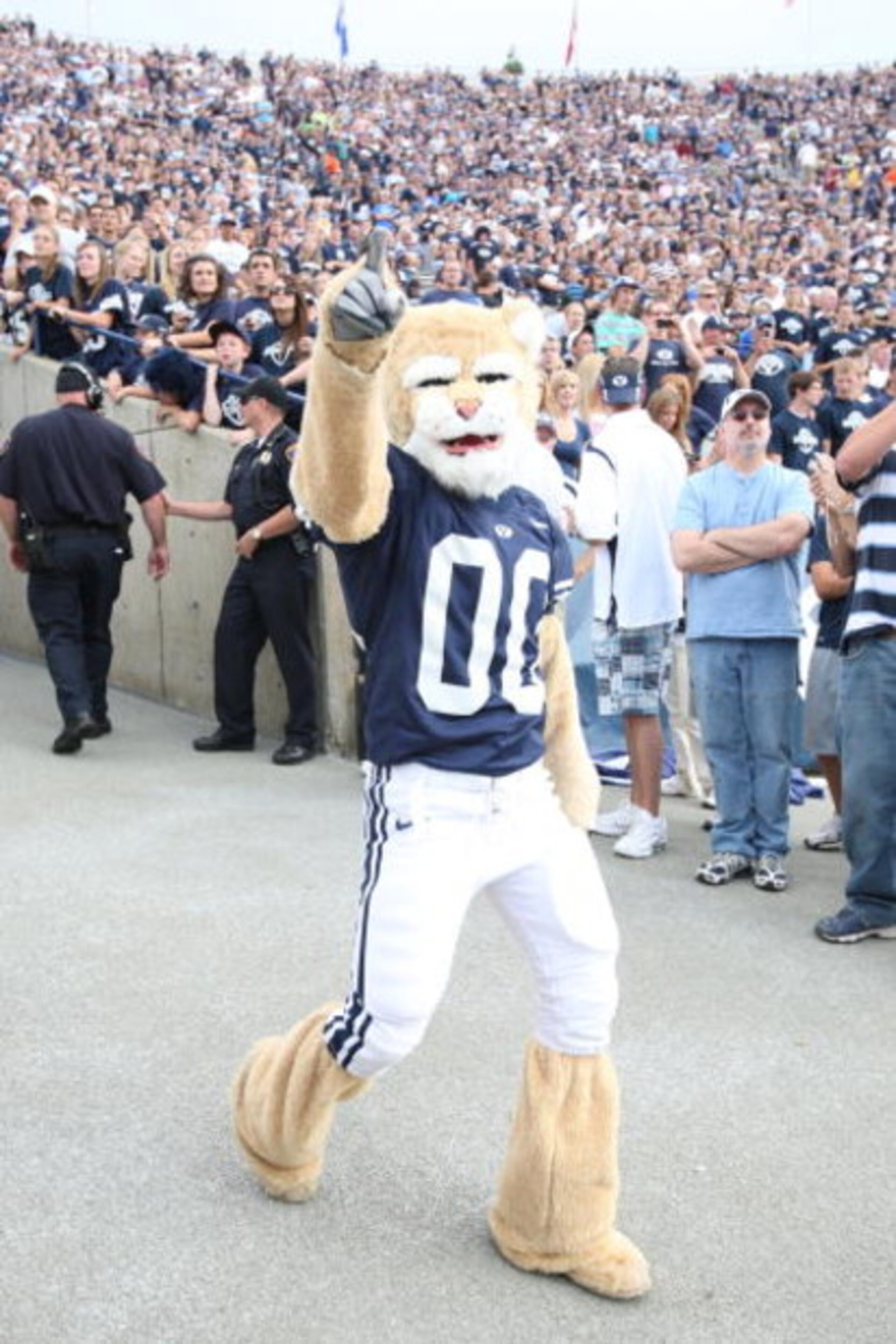 PROVO, UT - SEPTEMBER 19:  Cosmo the mascot of Brigham Young University Cougars gets the fans going before the game against the Florida State Seminoles at La Vell Edwards Stadium on September 19, 2009 in Provo, Utah.  (Photo by Melissa Majchrzak via Getty