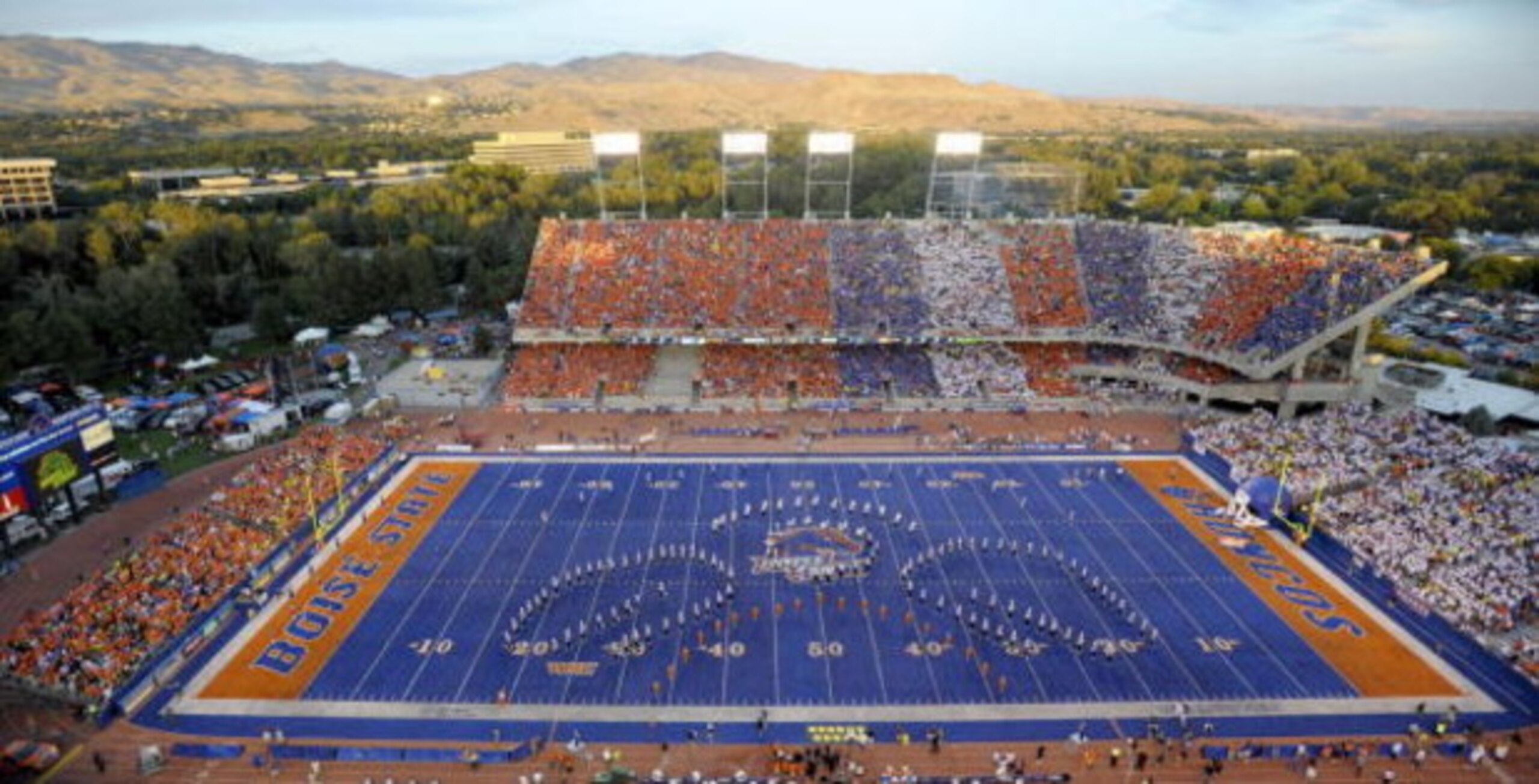 BOISE, ID - SEPTEMBER 3:  The sun lights the foothills of Boise in this overhead shot of Bronco Stadium before the start of the game between the Oregon Ducks and the Boise State Broncos on September 3, 2009 at Bronco Stadium in Boise, Idaho. Boise State w