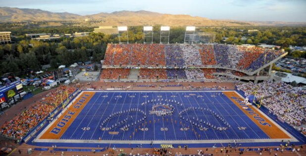 BOISE, ID - SEPTEMBER 3:  The sun lights the foothills of Boise in this overhead shot of Bronco Stadium before the start of the game between the Oregon Ducks and the Boise State Broncos on September 3, 2009 at Bronco Stadium in Boise, Idaho. Boise State w