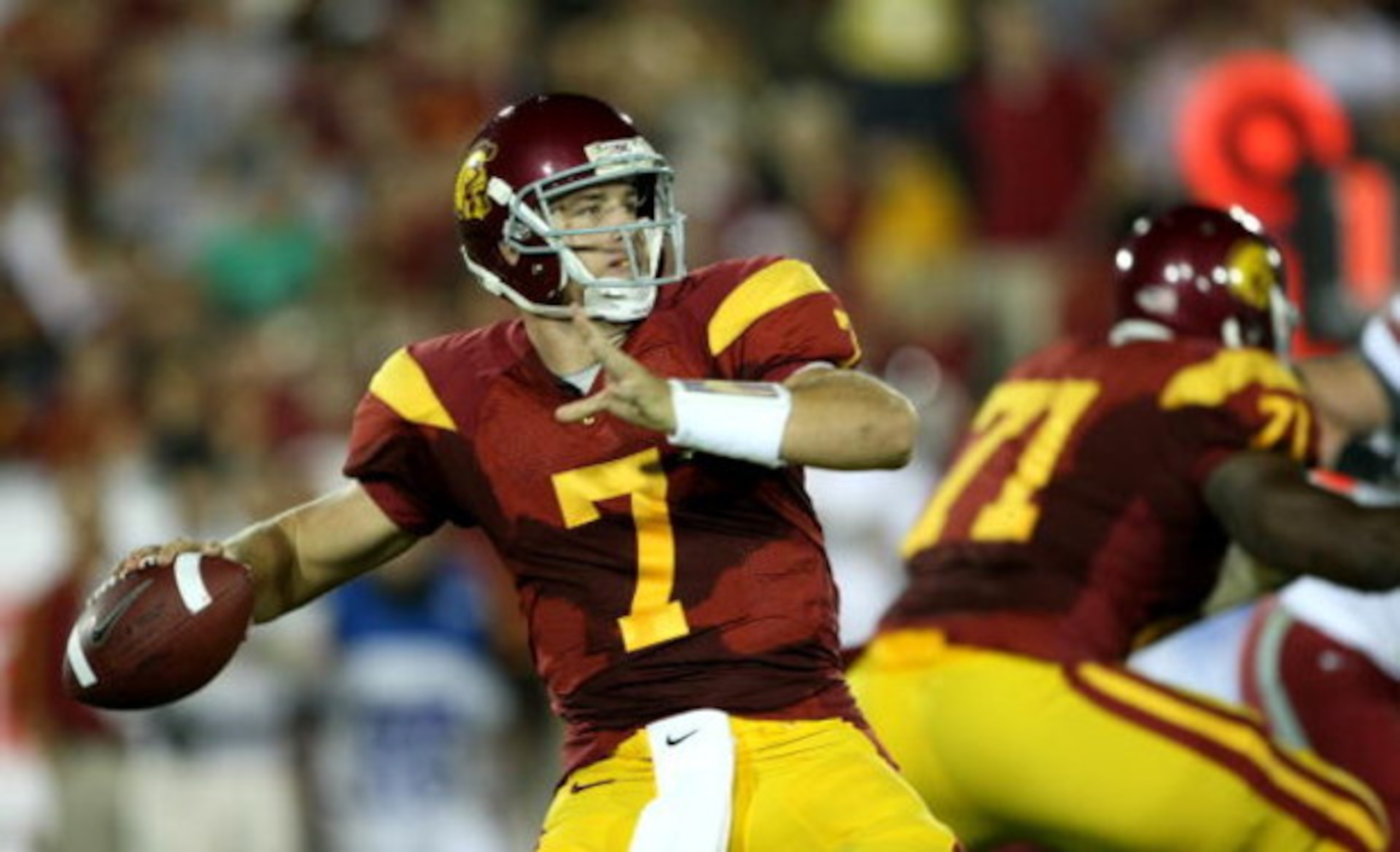 LOS ANGELES - SEPTEMBER 23: Quarterback Matt Barkley #7 of the USC Trojans throws a pass against the Washington State Cougars on September 23, 2009 at the Los Angeles Coliseum in Los Angeles, California. USC won 27-6. (Photo by Stephen Dunn/Getty Image LOS ANGELES - SEPTEMBER 23: Quarterback Matt Barkley #7 of the USC Trojans throws a pass against the Washington State Cougars on September 23, 2009 at the Los Angeles Coliseum in Los Angeles, California. USC won 27-6. (Photo by Stephen Dunn/Getty Image