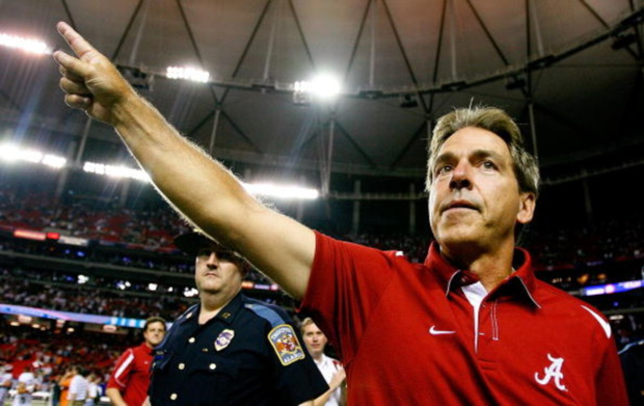 ATLANTA - SEPTEMBER 05:  Head coach Nick Saban of the Alabama Crimson Tide celebrates after their 34-24 win over the Virginia Tech Hokies during the Chick-fil-A Kickoff Game at Georgia Dome on September 5, 2009 in Atlanta, Georgia.  (Photo by Kevin C. Cox