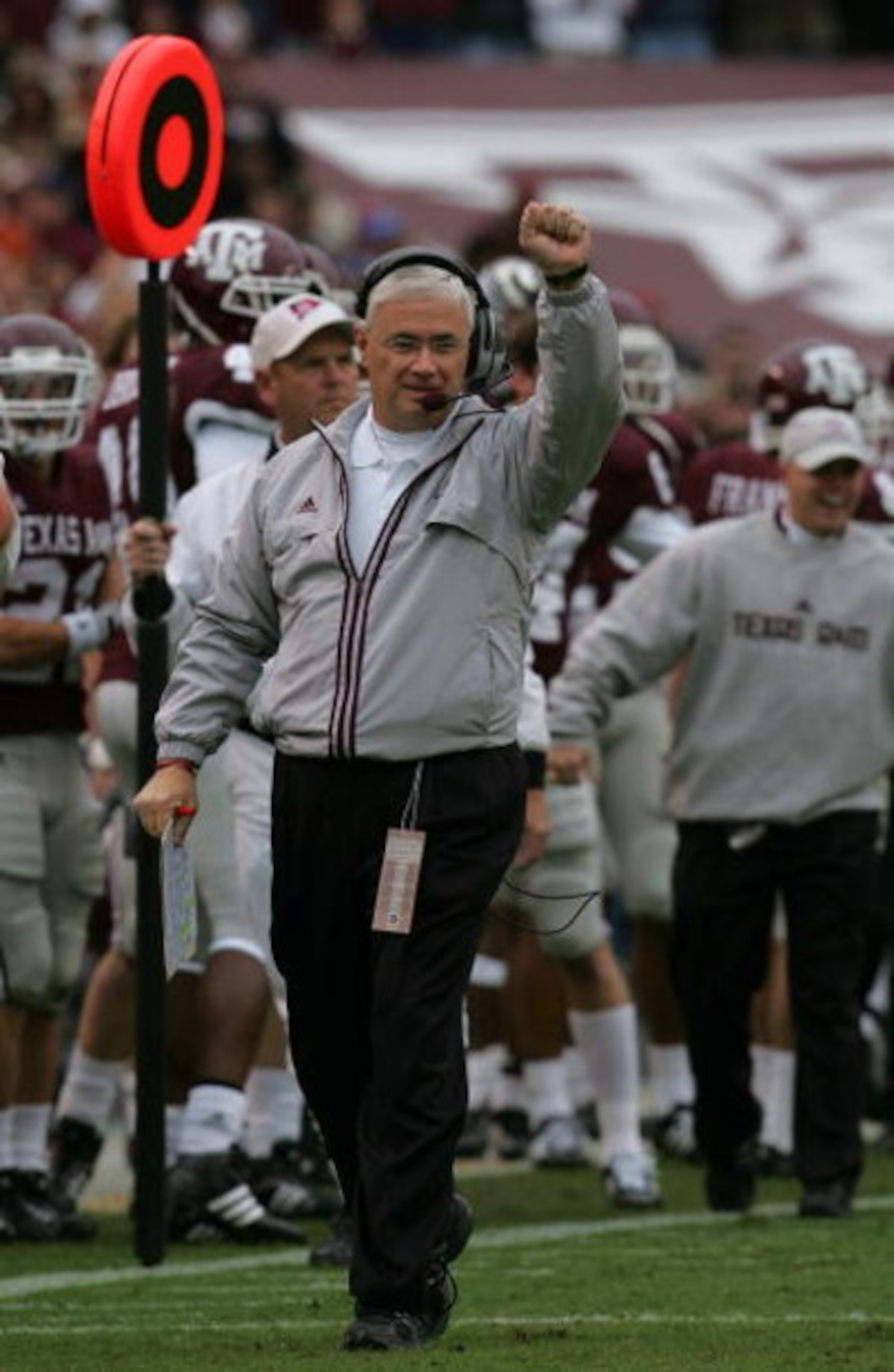 COLLEGE STATION, TX - NOVEMBER 23:  Head coach Dennis Franchione of the Texas A&M Aggies celebrates a touchdown against the Texas Longhorns in the first quarter at Kyle Field on November 23, 2007 in College Station, Texas.  (Photo by Ronald Martinez/Getty
