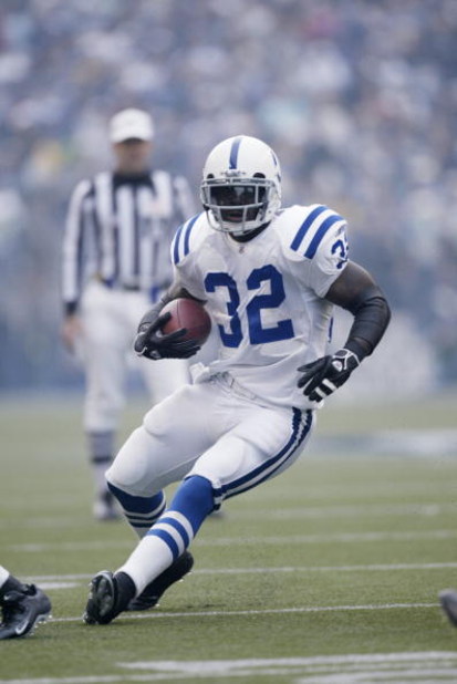 SEATTLE - DECEMBER 24:  Running back Edgerrin James #32 of the Indianapolis Colts carries the ball against the Seattle Seahawks at Qwest Field on December 24, 2005 in Seattle, Washington. The Seahawks defeated the Colts 28-13.  (Photo by Otto Greule Jr/Ge