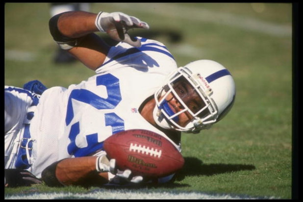 1 Nov 1992:  Running back Anthony Johnson of the Indianapolis Colts lies on the ground with the ball during a game against the San Diego Chargers at the RCA Dome in Indianapolis, Indiana.  The Chargers won the game, 26-0. Mandatory Credit: Gary Newkirk  /