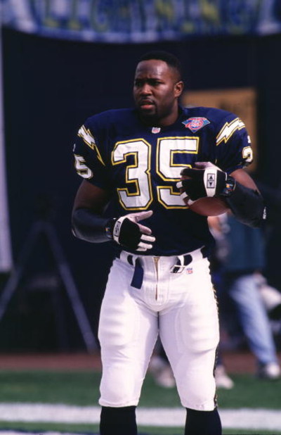 8 Jan 1995:  Running back Rodney Culver of the San Diego Chargers holds onto the football during pre-game warm-ups before the Chargers 22-21 AFC Championship playoff victory over the Miami Dolphins at Jack Murphy Stadium in San Diego, California.   Mandat