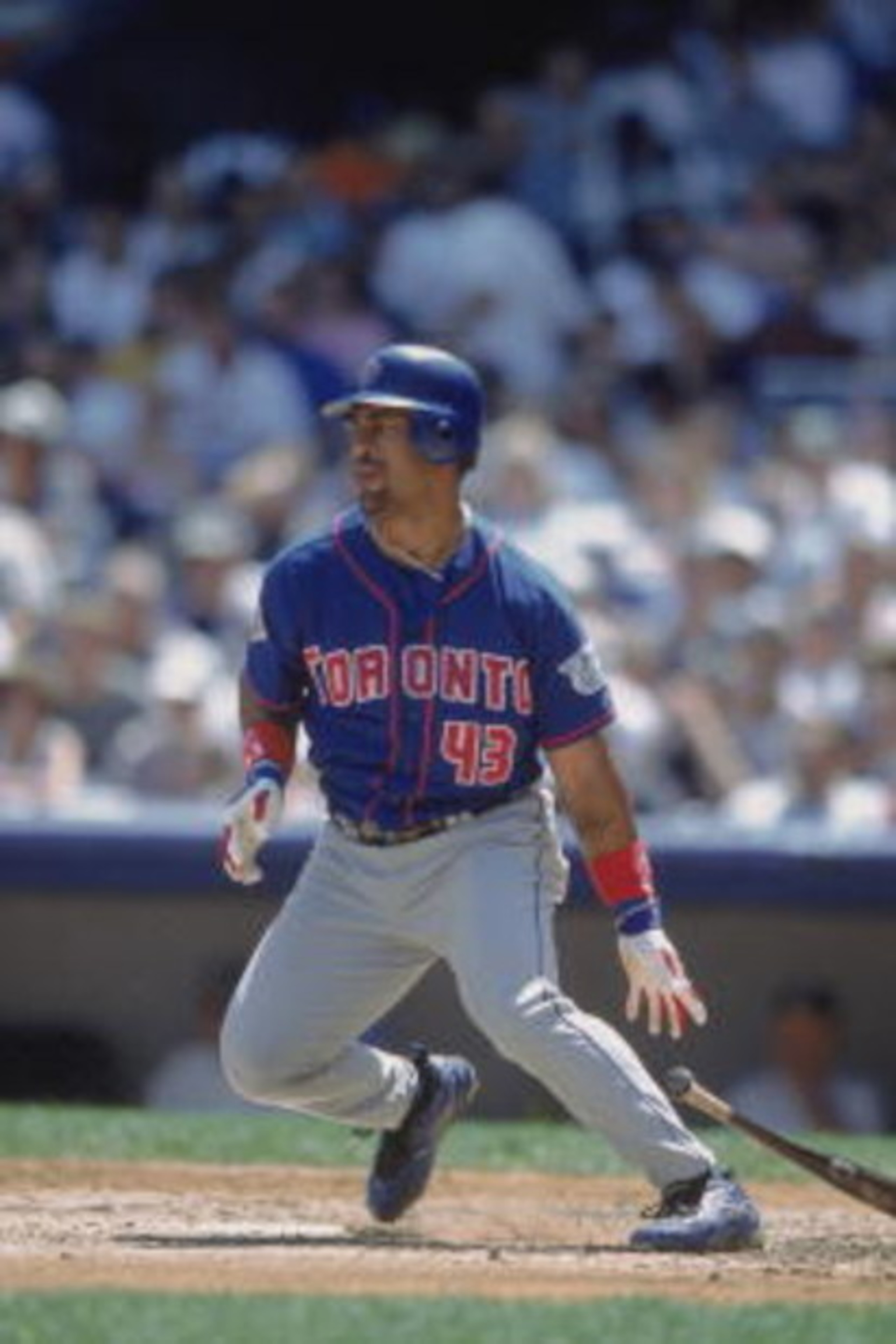 5 Aug 2001:  Right fielder Raul Mondesi #43 of the Toronto Blue Jays hits the ball during the MLB game against the Baltimore Orioles at the Sky Dome in Toronto, Canada.  The Blue Jays defeated Orioles 5-4.  Mandatory Credit:  Rick Stewart /Getty Images