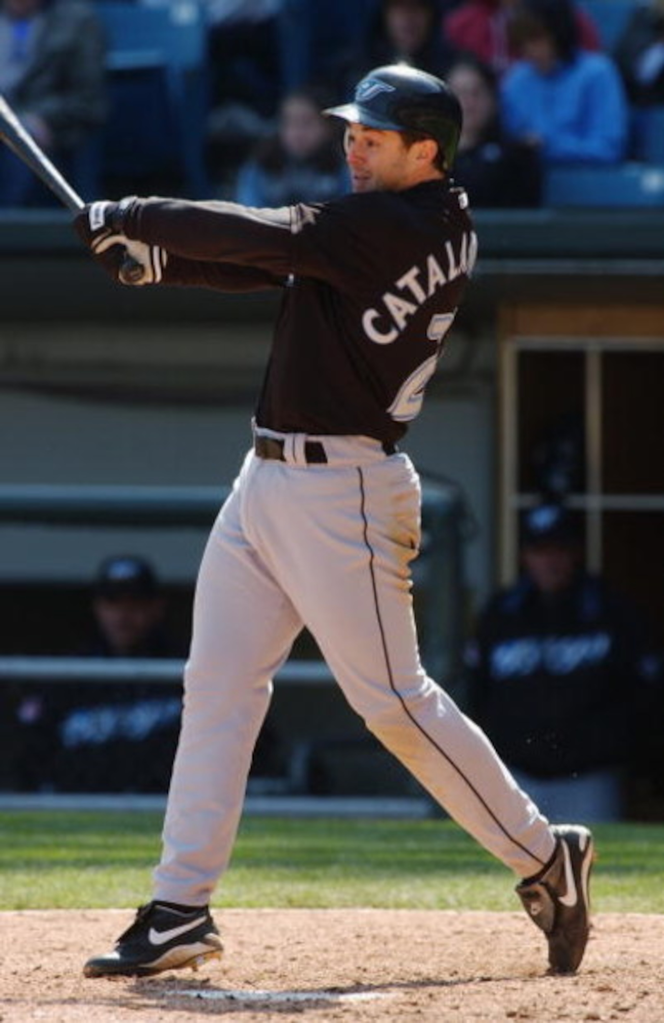 CHICAGO - MAY 2:  Frank Catalanotto #27 of the Toronto Blue Jays at bat during the game against the Chicago White Sox on May 2, 2004 at U.S. Cellular Field in Chicago, Illinois. The White Sox defeated the Blue Jays 3-2. (Photo by Jonathan Daniel/Getty Ima