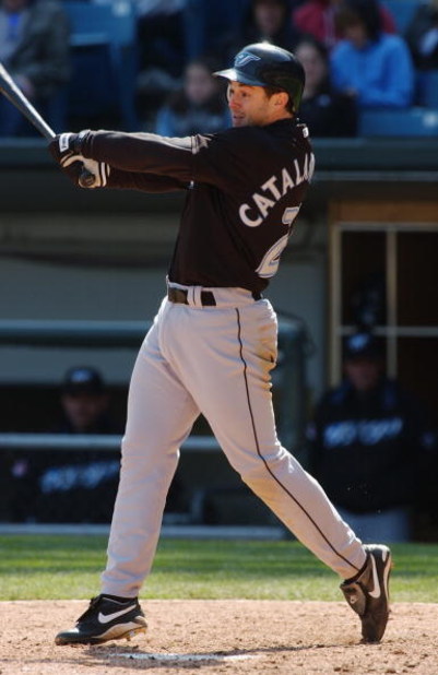 CHICAGO - MAY 2:  Frank Catalanotto #27 of the Toronto Blue Jays at bat during the game against the Chicago White Sox on May 2, 2004 at U.S. Cellular Field in Chicago, Illinois. The White Sox defeated the Blue Jays 3-2. (Photo by Jonathan Daniel/Getty Ima