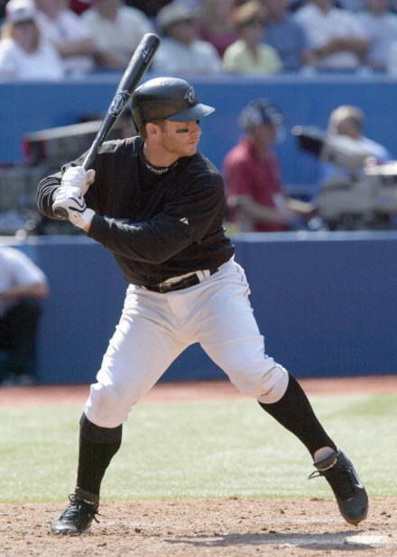 TORONTO - SEPTEMBER 2: Gregg Zaun #9 of the Toronto Blue Jays steps into the swing against the Seattle Mariners on September 2, 2007 at the Rogers Centre in Toronto, Ontario, Canada. (Photo by Dave Sandford/Getty Images)