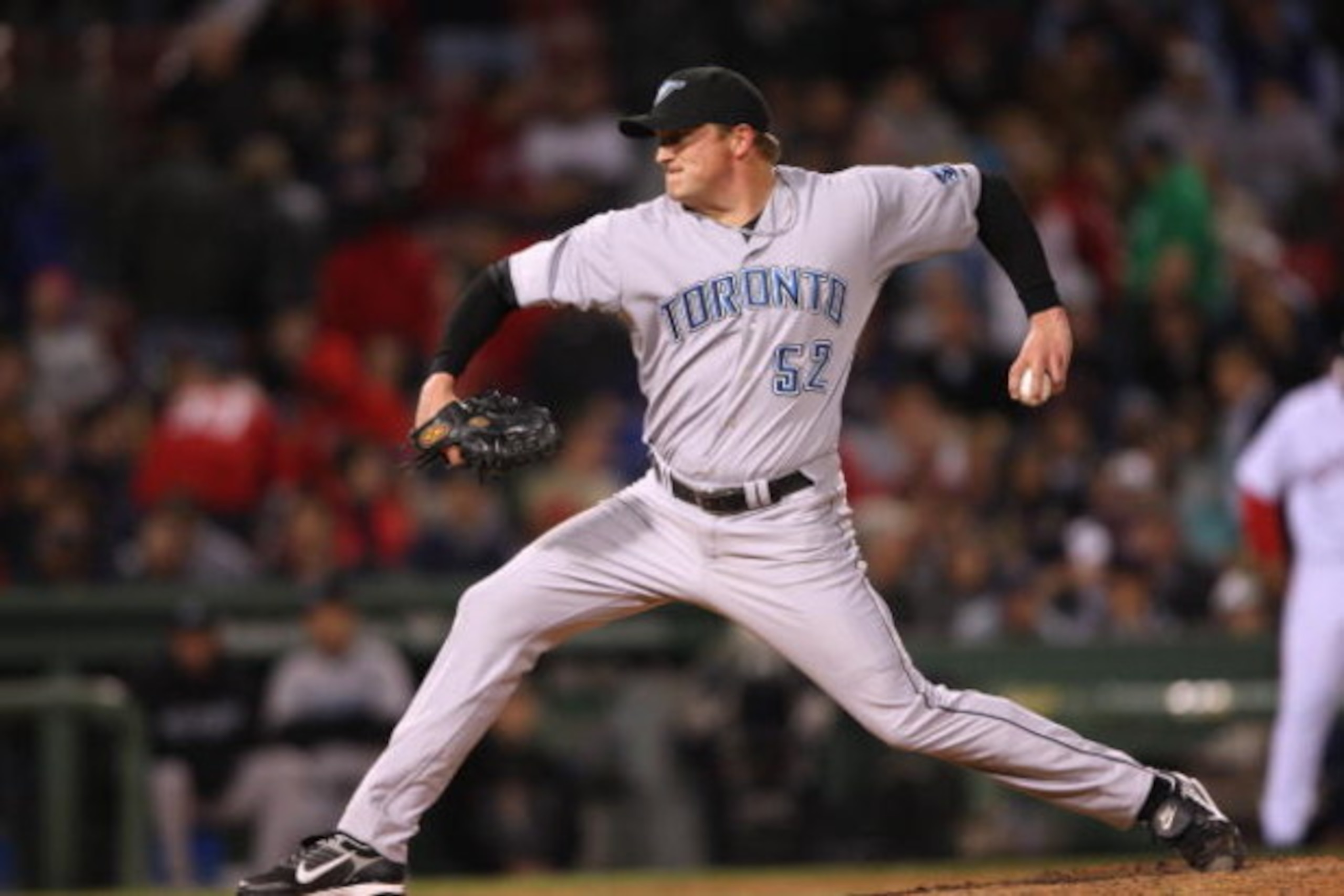 BOSTON - MAY 1:  B.J. Ryan #52 of the Toronto Blue Jays pitches against the Boston Red Sox on May 1, 2008 at Fenway Park in Boston, Massachusetts. (Photo by Elsa/Getty Images)