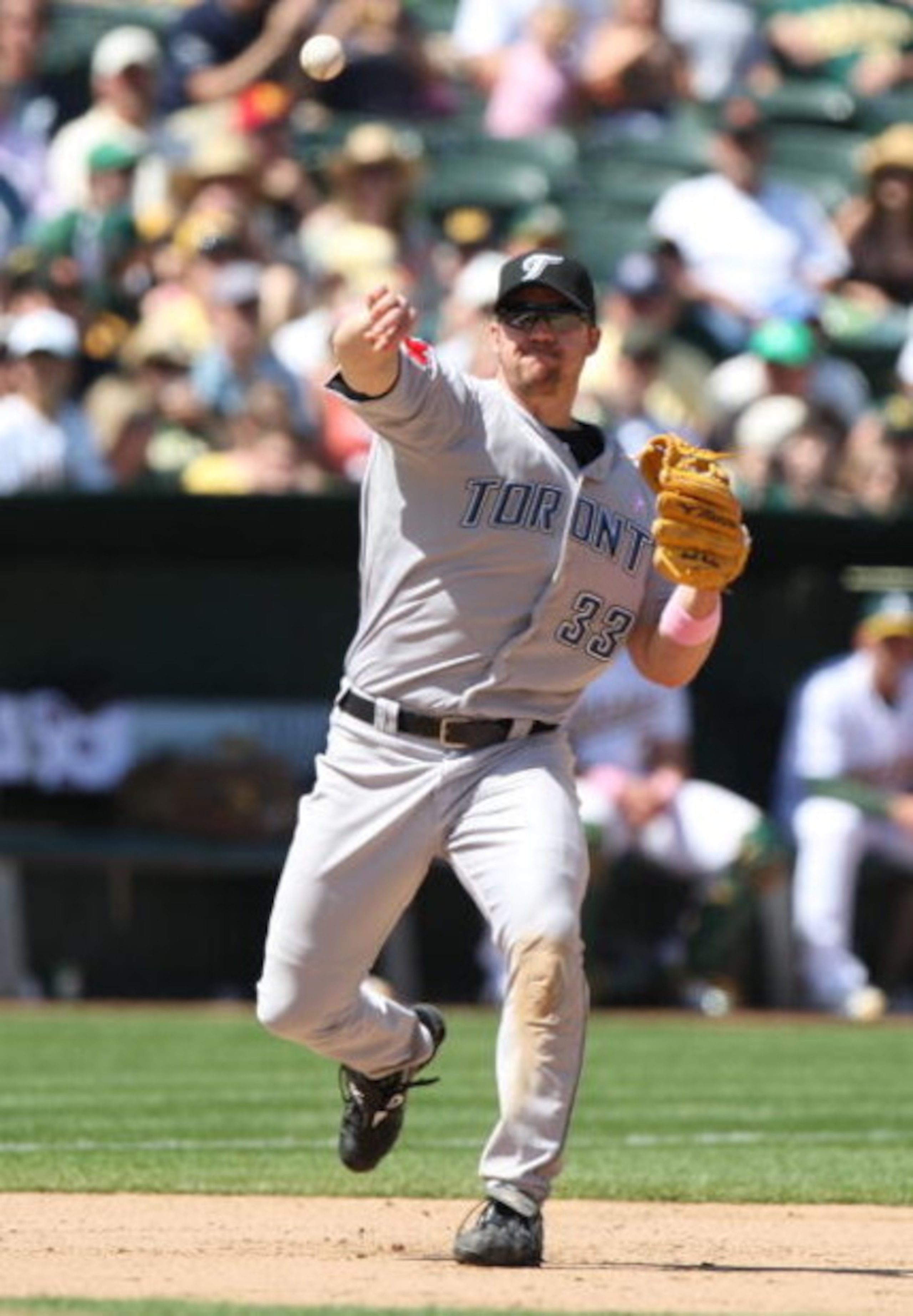 OAKLAND, CA - MAY 10:  Scott Rolen #33 of the Toronto Blue Jays throws to first against the Oakland Athletics during a Major League Baseball game on May 10, 2009 at the Oakland Coliseum in Oakland, California.  (Photo by Jed Jacobsohn/Getty Images)