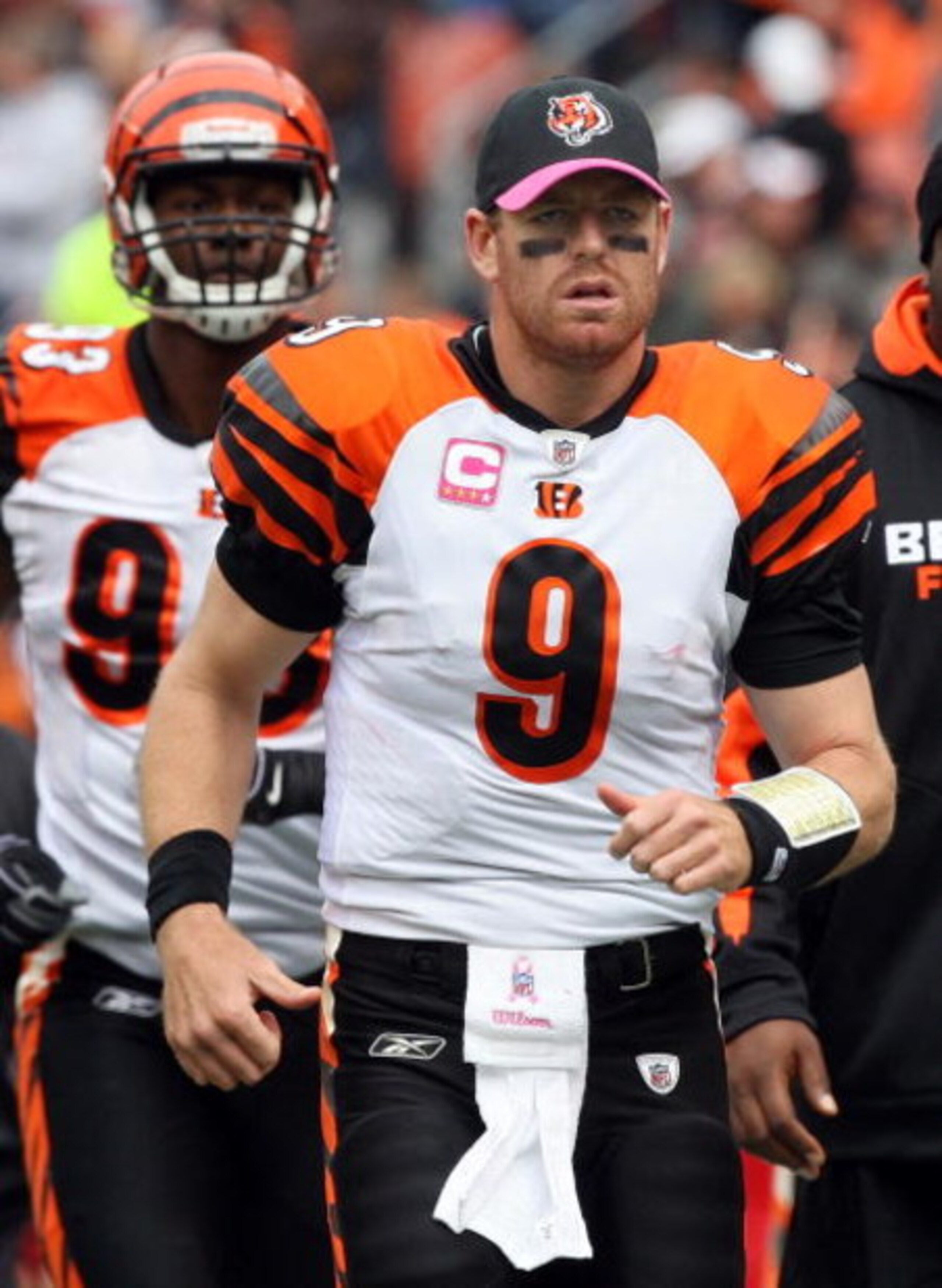 CLEVELAND - OCTOBER 04:  Carson Palmer #9 of the Cincinnati Bengals looks on against the Cleveland Browns during their game at Cleveland Browns Stadium on October 4, 2009 in Cleveland, Ohio. The Bengals defeated the Browns 23-20 in overtime.  (Photo by Ji