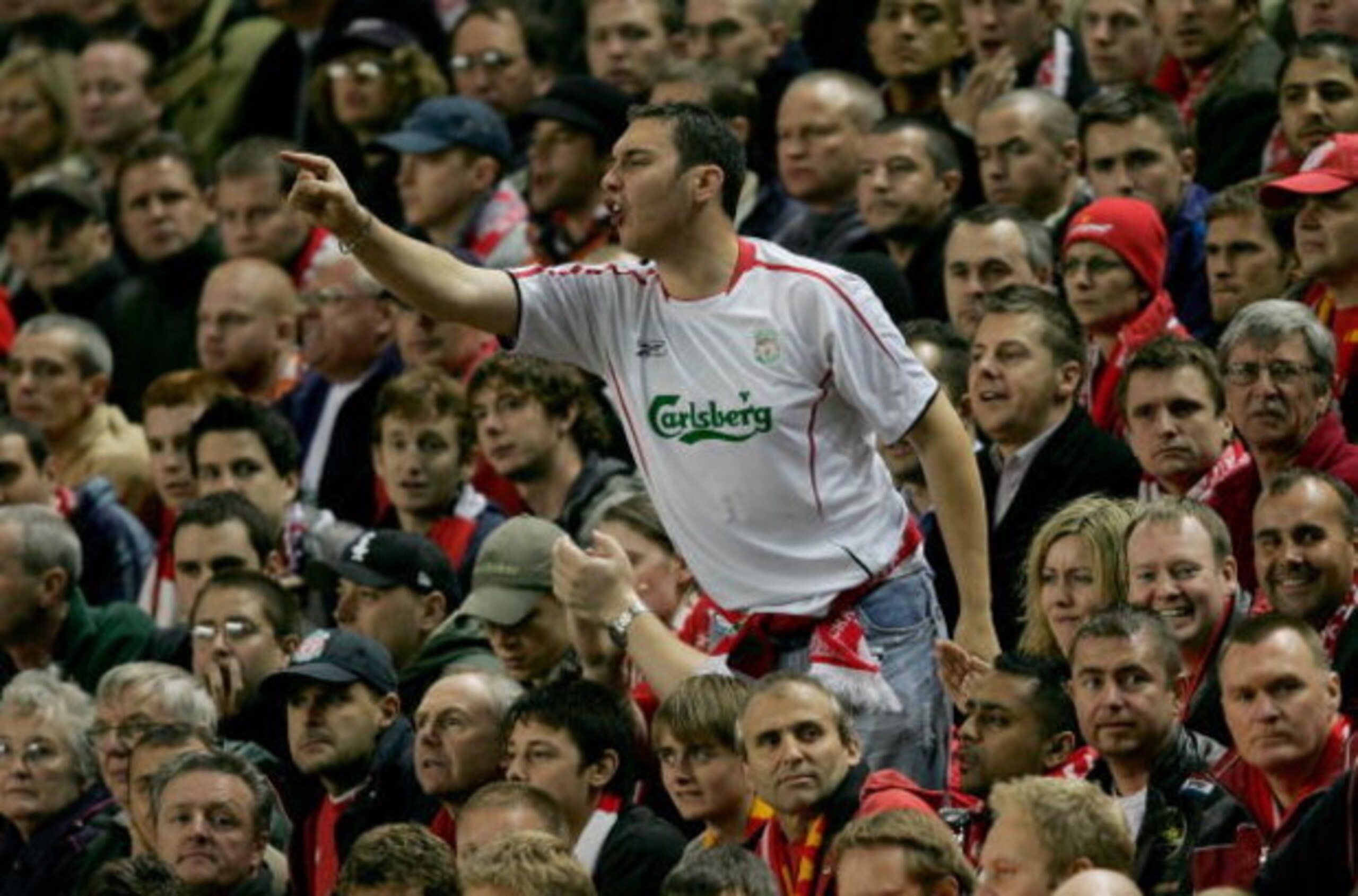 LIVERPOOL, UNITED KINGDOM - SEPTEMBER 28: A Liverpool fan shows his feelings during the UEFA Champions League Group G match between Liverpool v Chelsea at Anfield on September 28, 2005 in Liverpool, England.  (Photo by Shaun Botterill/Getty Images)