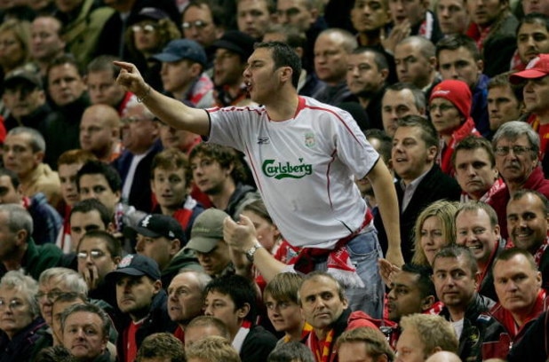 LIVERPOOL, UNITED KINGDOM - SEPTEMBER 28: A Liverpool fan shows his feelings during the UEFA Champions League Group G match between Liverpool v Chelsea at Anfield on September 28, 2005 in Liverpool, England.  (Photo by Shaun Botterill/Getty Images)