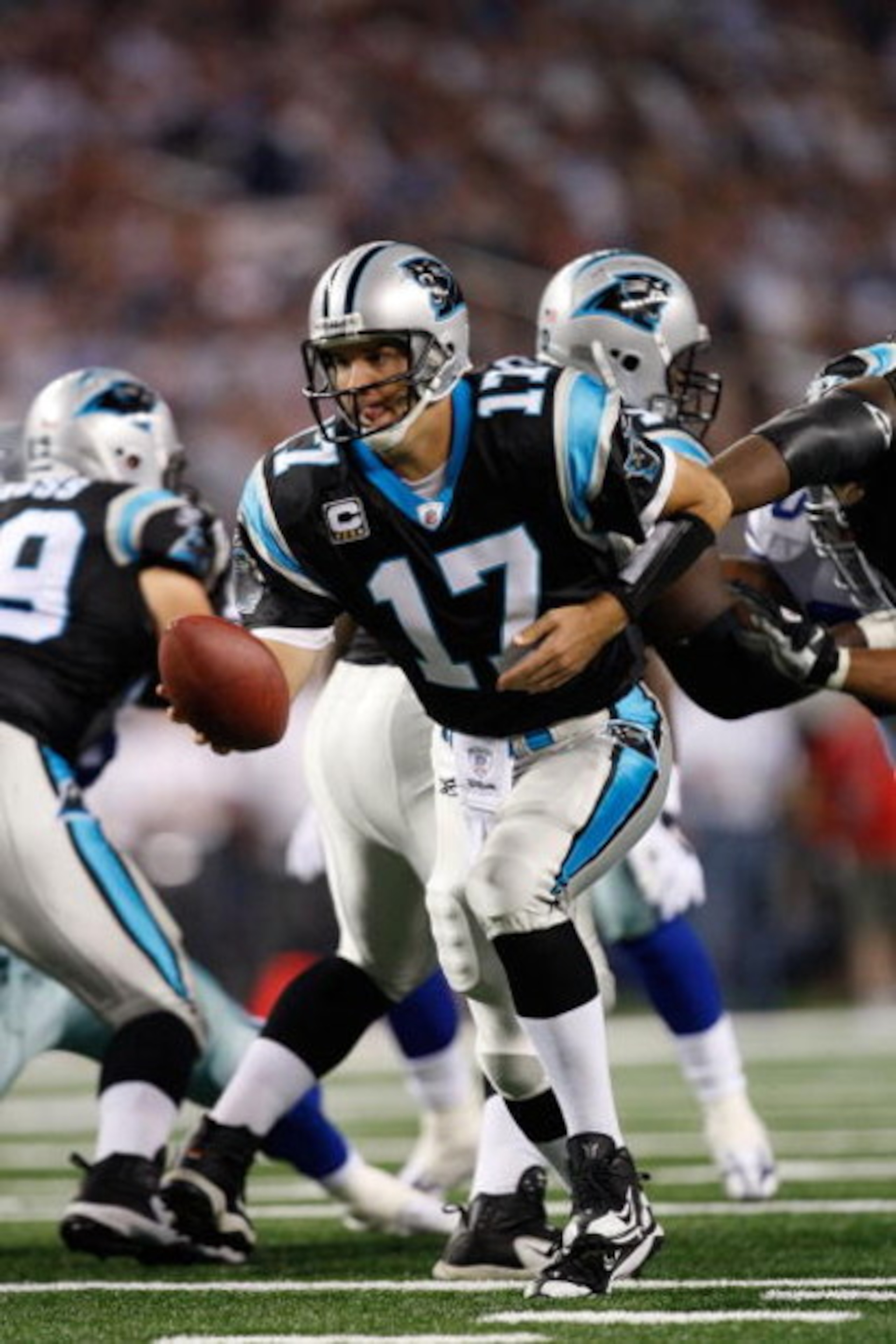 ARLINGTON, TX - SEPTEMBER 28:  Quarterback Jake Delhomme #17 of the Carolina Panthers at Cowboys Stadium on September 28, 2009 in Arlington, Texas.  (Photo by Ronald Martinez/Getty Images)