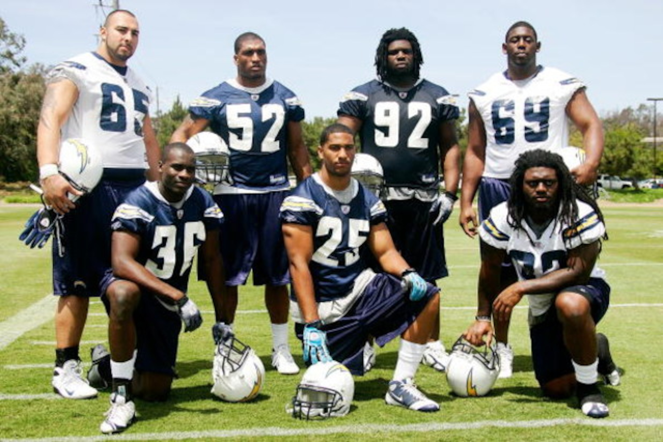 SAN DIEGO - MAY 03: The 2009 rookie draft class of the San Diego Chargers (L-R) Guard Louis Vasquez #65, cornerback Brandon Hughes #36, linebacker Larry English #52, safety Kevin Ellison #25, defensive tackle Vaughn Martin #92, center Tyronne Green #69 an