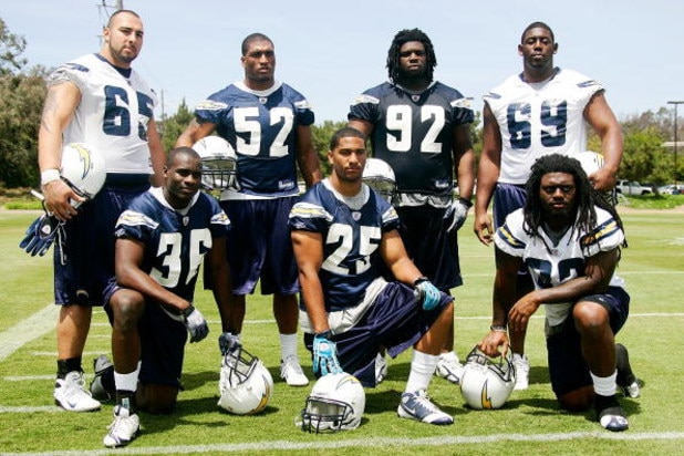 SAN DIEGO - MAY 03: The 2009 rookie draft class of the San Diego Chargers (L-R) Guard Louis Vasquez #65, cornerback Brandon Hughes #36, linebacker Larry English #52, safety Kevin Ellison #25, defensive tackle Vaughn Martin #92, center Tyronne Green #69 an