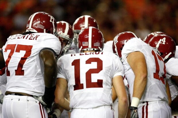 ATLANTA - SEPTEMBER 05:  Quarterback Greg McElroy #12 of the Alabama Crimson Tide against the Virginia Tech Hokies during the Chick-fil-A Kickoff Game at Georgia Dome on September 5, 2009 in Atlanta, Georgia.  (Photo by Kevin C. Cox/Getty Images)
