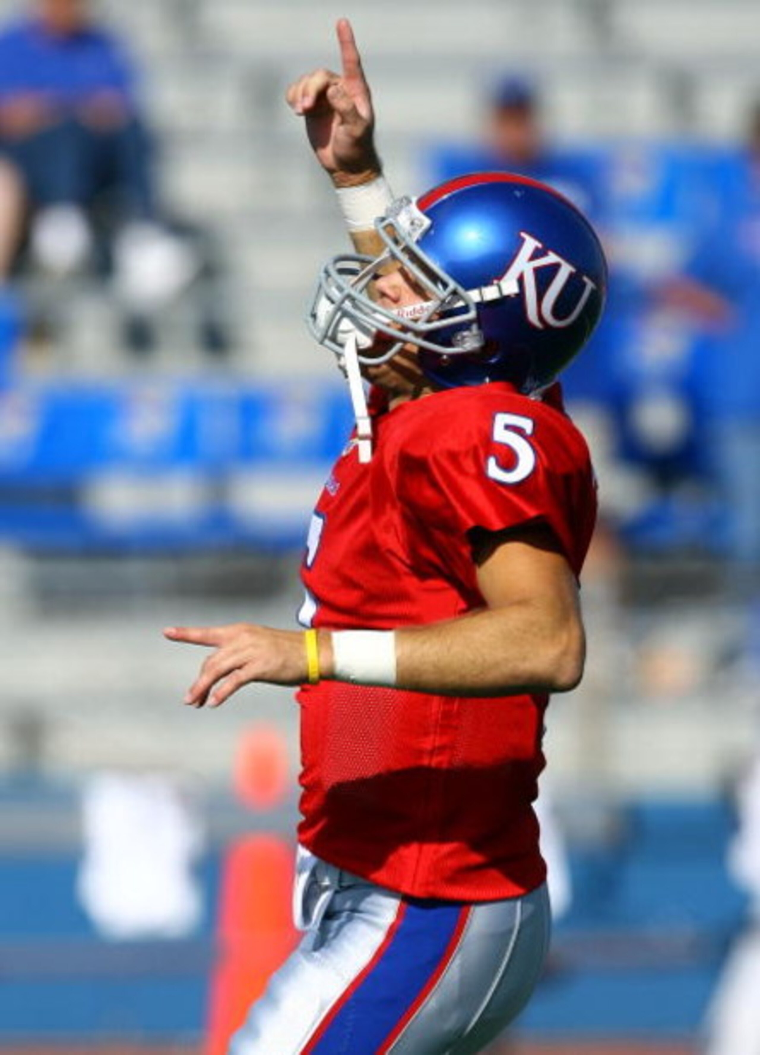LAWRENCE, KS - SEPTEMBER 26: Quarterback Todd Reesing #5 of the Kansas Jayhawks reacts during warm-ups just prior to the start of the game against the Southern Mississippi Golden Eagles on September 26, 2009 at Memorial Stadium in Lawrence, Kansas. (Pho LAWRENCE, KS - SEPTEMBER 26: Quarterback Todd Reesing #5 of the Kansas Jayhawks reacts during warm-ups just prior to the start of the game against the Southern Mississippi Golden Eagles on September 26, 2009 at Memorial Stadium in Lawrence, Kansas. (Pho