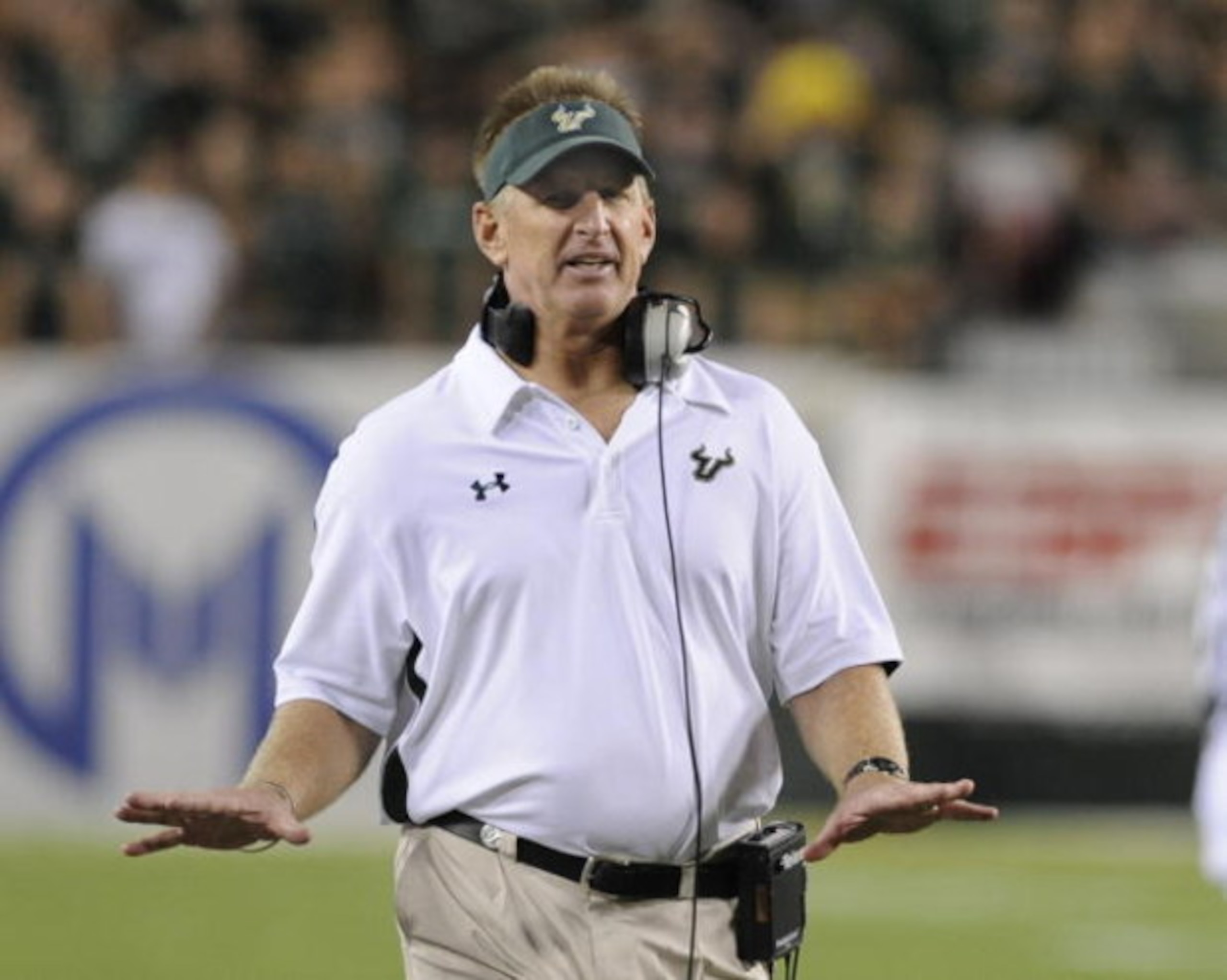 TAMPA, FL - OCTOBER 2: Coach Jim Leavitt of the University of South Florida Bulls directs play against the Pittsburgh Panthers at Raymond James Stadium on October 2, 2008 in Tampa, Florida. (Photo by Al Messerschmidt/Getty Images) TAMPA, FL - OCTOBER 2: Coach Jim Leavitt of the University of South Florida Bulls directs play against the Pittsburgh Panthers at Raymond James Stadium on October 2, 2008 in Tampa, Florida. (Photo by Al Messerschmidt/Getty Images)