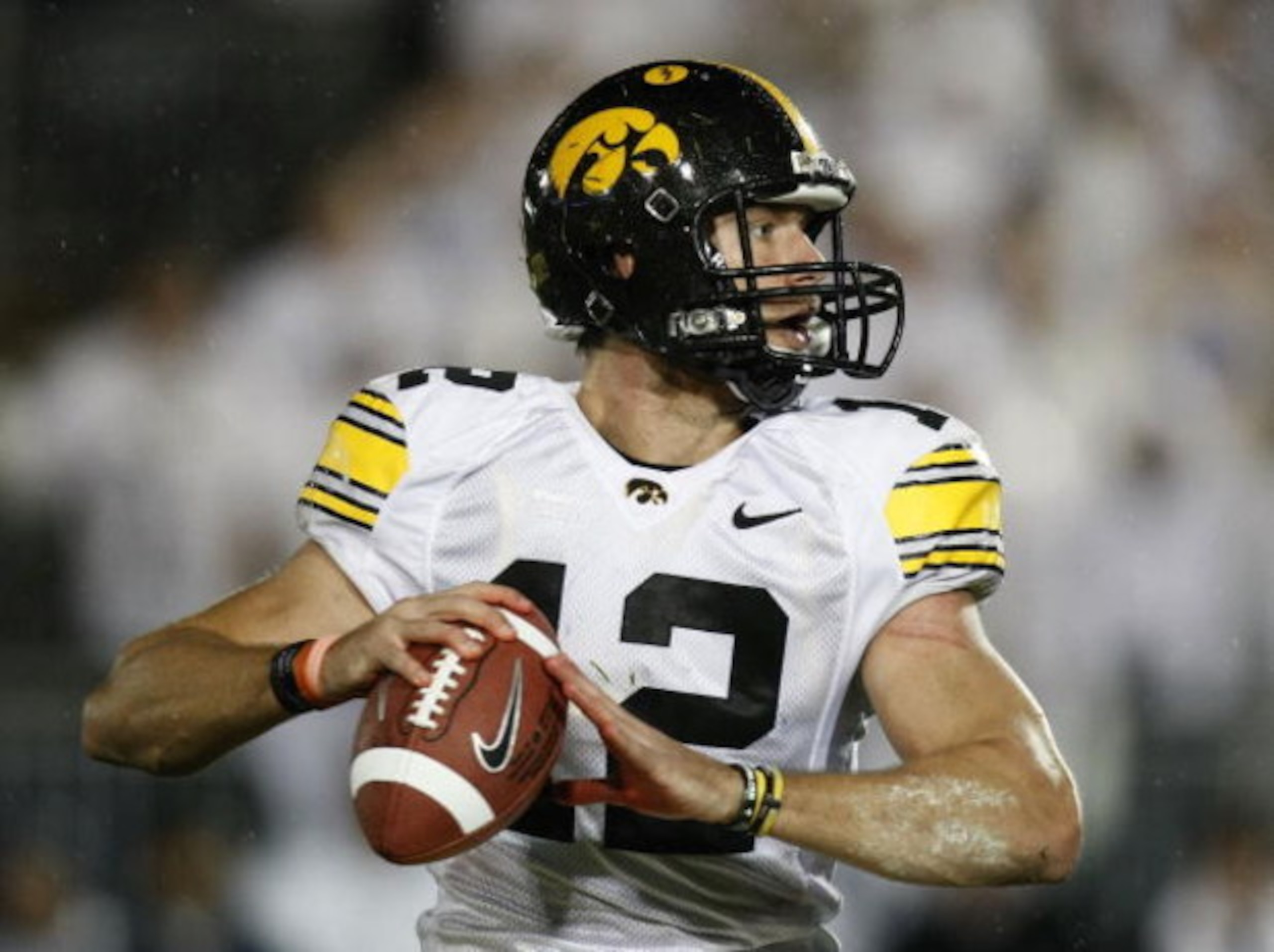 STATE COLLEGE, PA - SEPTEMBER 26: Ricky Stanzi #12 of the Iowa Hawkeyes throws a pass while playing the Penn State Nittnay Lions on September 26, 2009 at Beaver Stadium in State College, Pennsylvania. Iowa won the game 21-10. (Photo by Gregory Shamus/Get STATE COLLEGE, PA - SEPTEMBER 26: Ricky Stanzi #12 of the Iowa Hawkeyes throws a pass while playing the Penn State Nittnay Lions on September 26, 2009 at Beaver Stadium in State College, Pennsylvania. Iowa won the game 21-10. (Photo by Gregory Shamus/Get